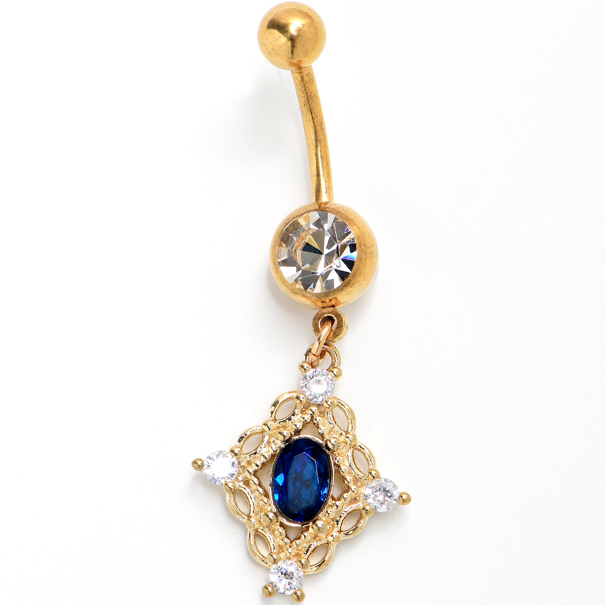 BodyCandy Clear Blue Gem Gold Tone Rich Rhombus Dangle Belly Ring — main product shot
