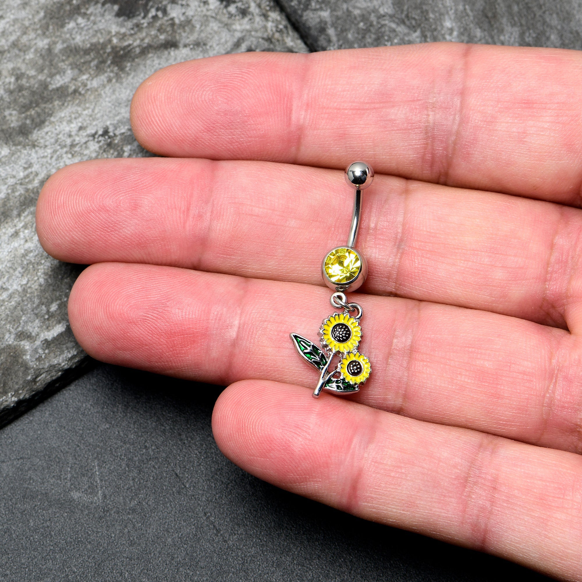 BodyCandy Yellow Gem Cheery Inlay Sunflowers Dangle Belly Ring — detail close-up
