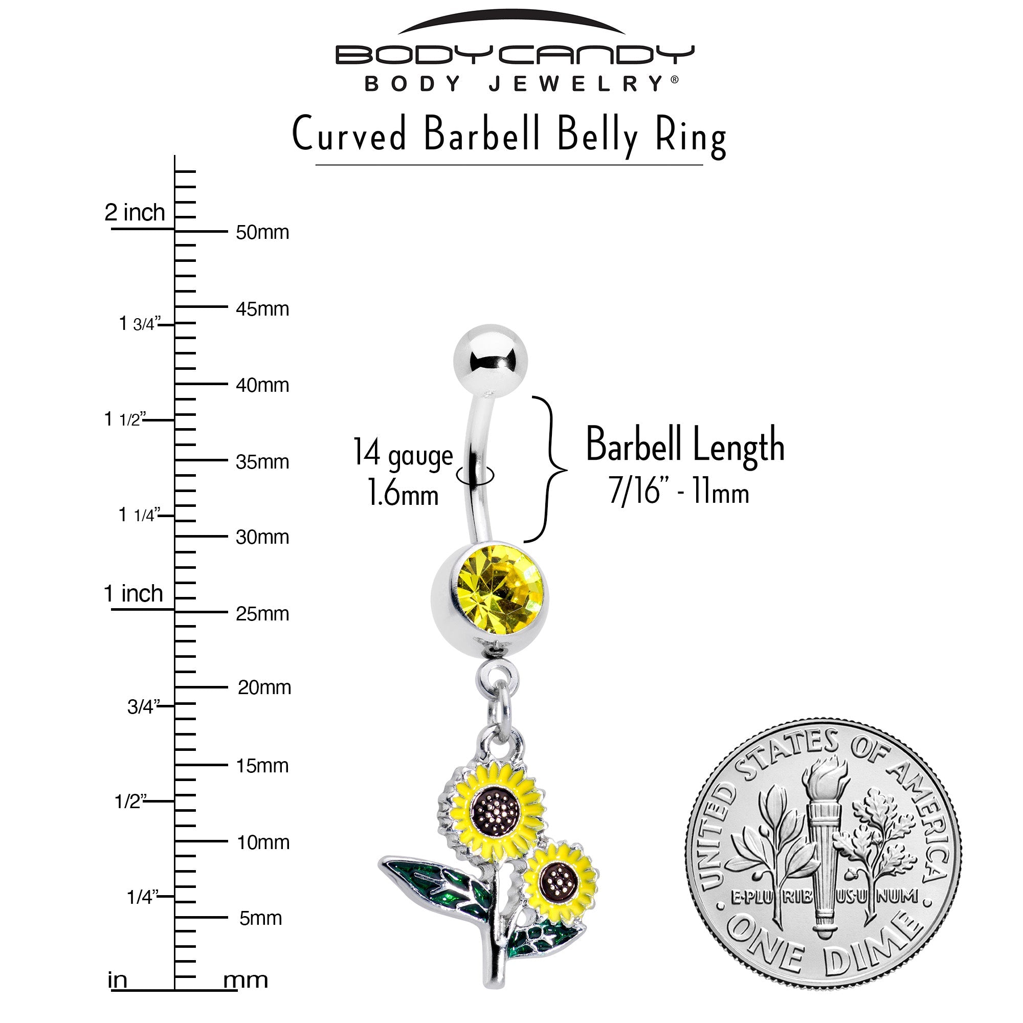 BodyCandy Yellow Gem Cheery Inlay Sunflowers Dangle Belly Ring — lifestyle context