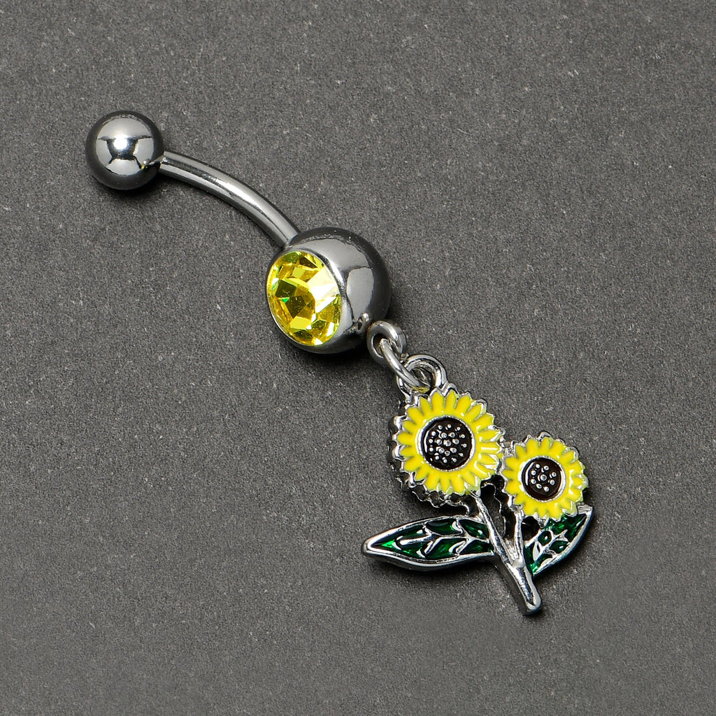 BodyCandy Yellow Gem Cheery Inlay Sunflowers Dangle Belly Ring — side view