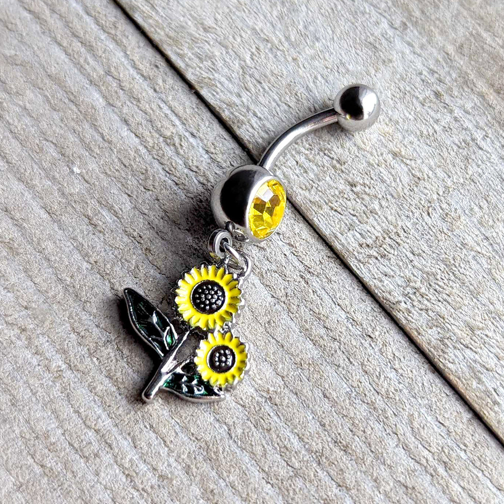 BodyCandy Yellow Gem Cheery Inlay Sunflowers Dangle Belly Ring — back view