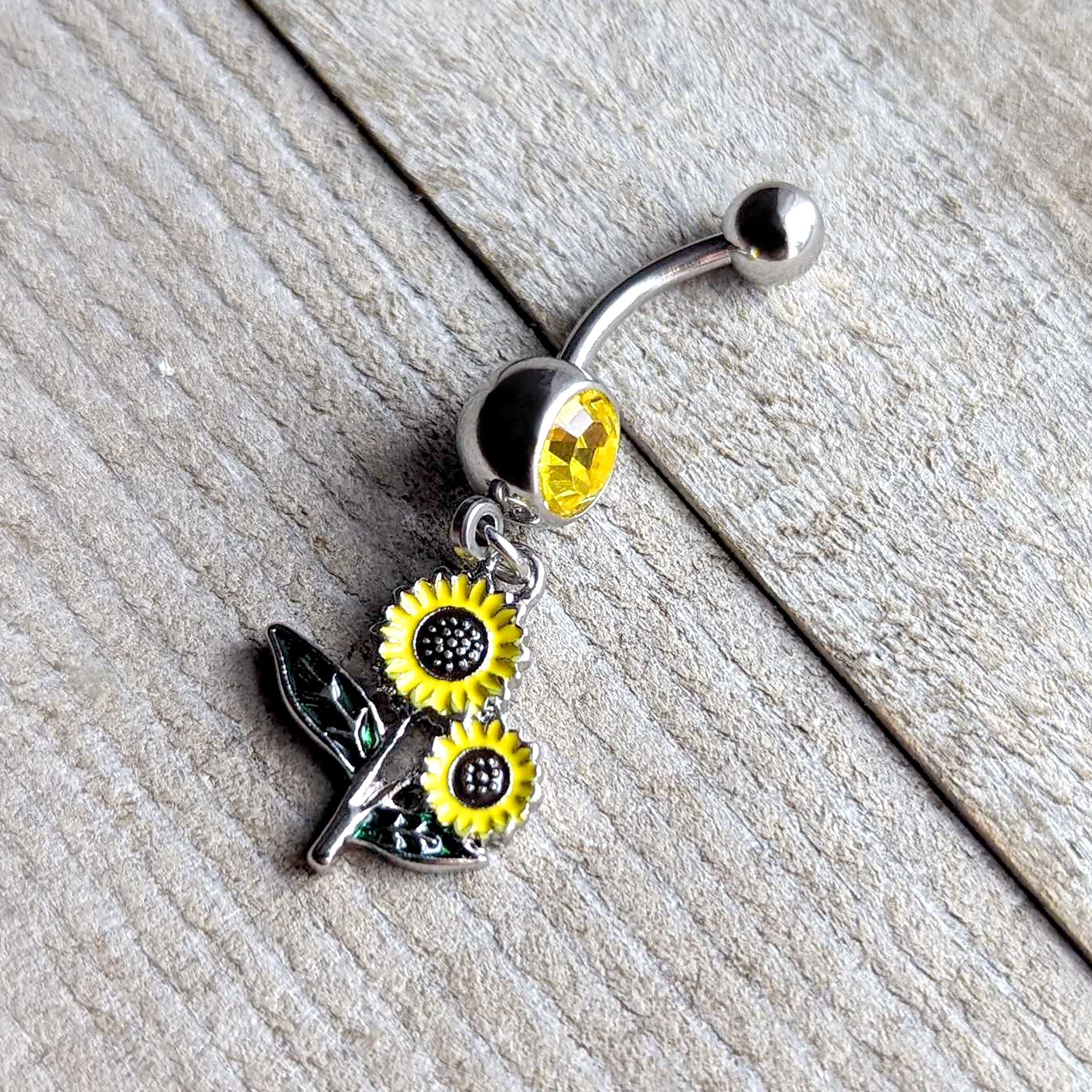 BodyCandy Yellow Gem Cheery Inlay Sunflowers Dangle Belly Ring — back view
