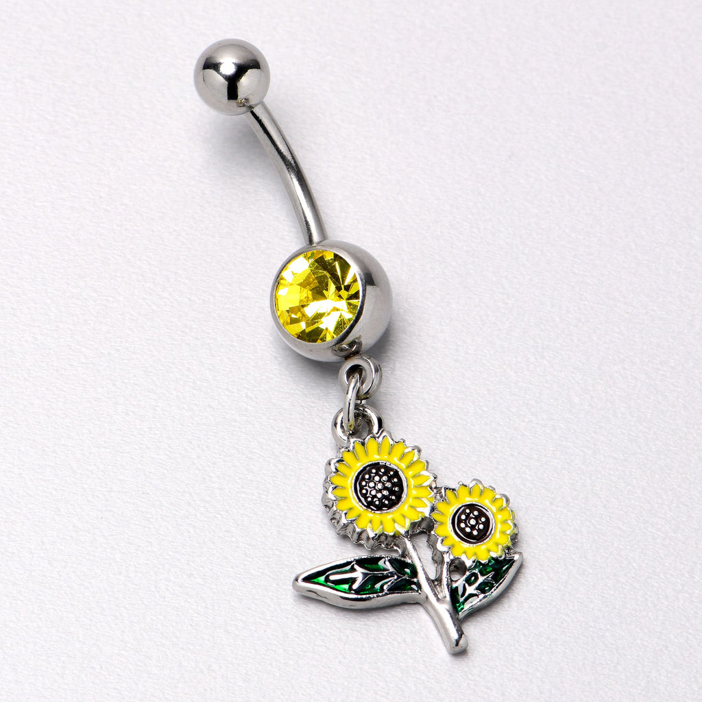 BodyCandy Yellow Gem Cheery Inlay Sunflowers Dangle Belly Ring — alternative angle