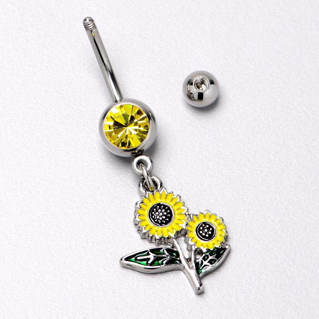BodyCandy Yellow Gem Cheery Inlay Sunflowers Dangle Belly Ring — in-use photo
