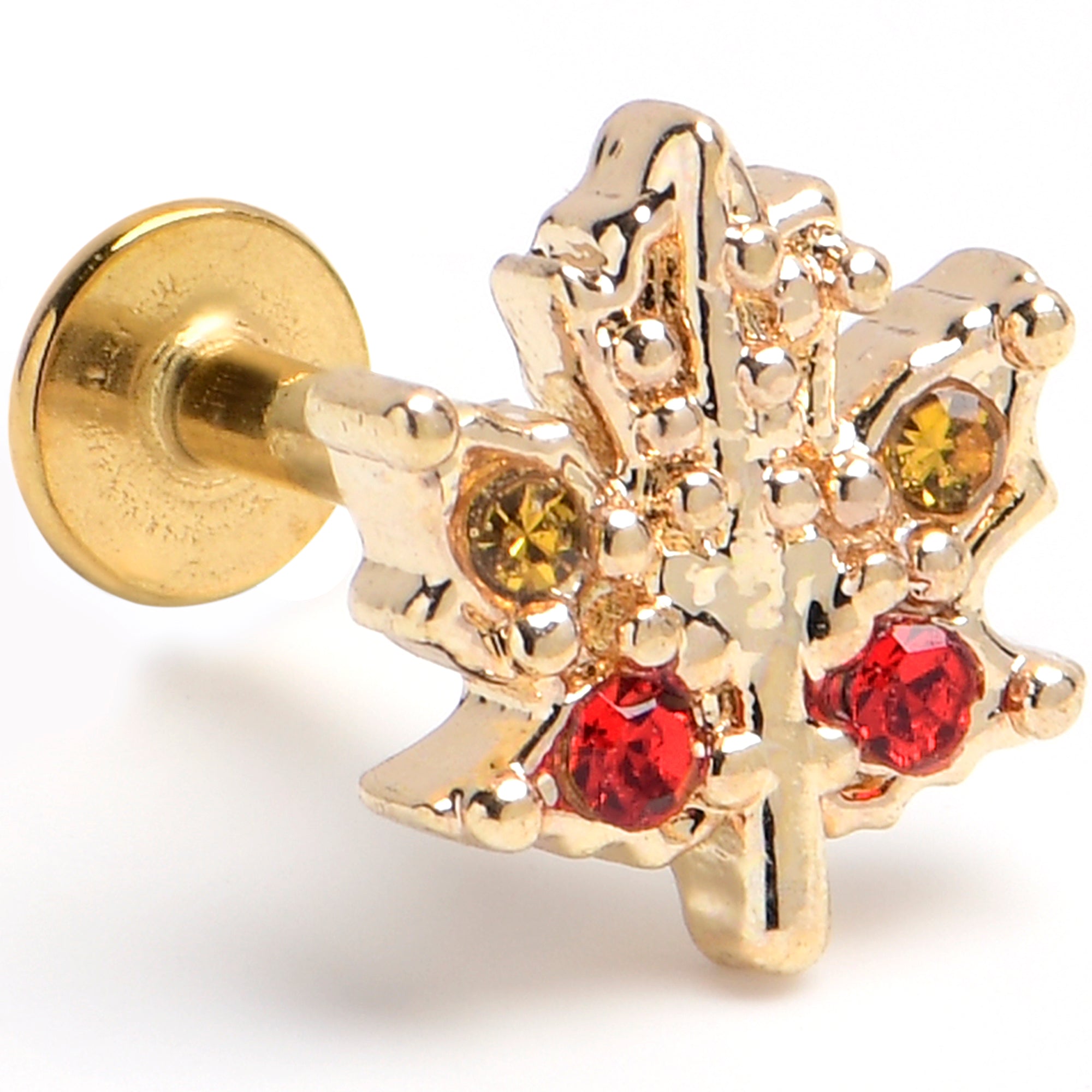 BodyCandy 16G 1/4 Red Yellow Gem Gold Tone Maple Leaf Labret — main product shot