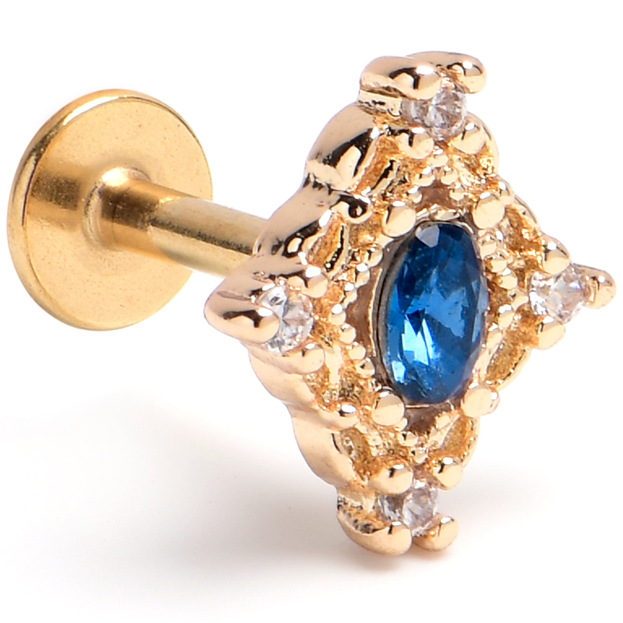 BodyCandy 16G 1/4 Blue Gem Gold Tone Rich Rhombus Labret — main product shot