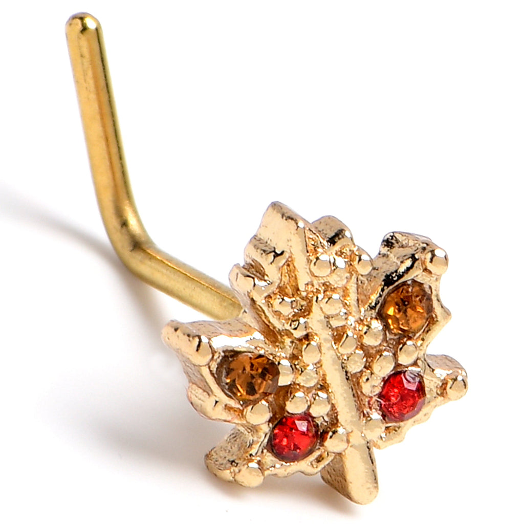 BodyCandy 20G 7mm Red Yellow Gem Gold Tone Maple Leaf L Shape Nose Ring — alternative angle