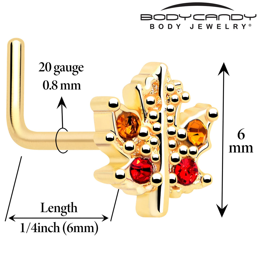 BodyCandy 20G 7mm Red Yellow Gem Gold Tone Maple Leaf L Shape Nose Ring — detail close-up