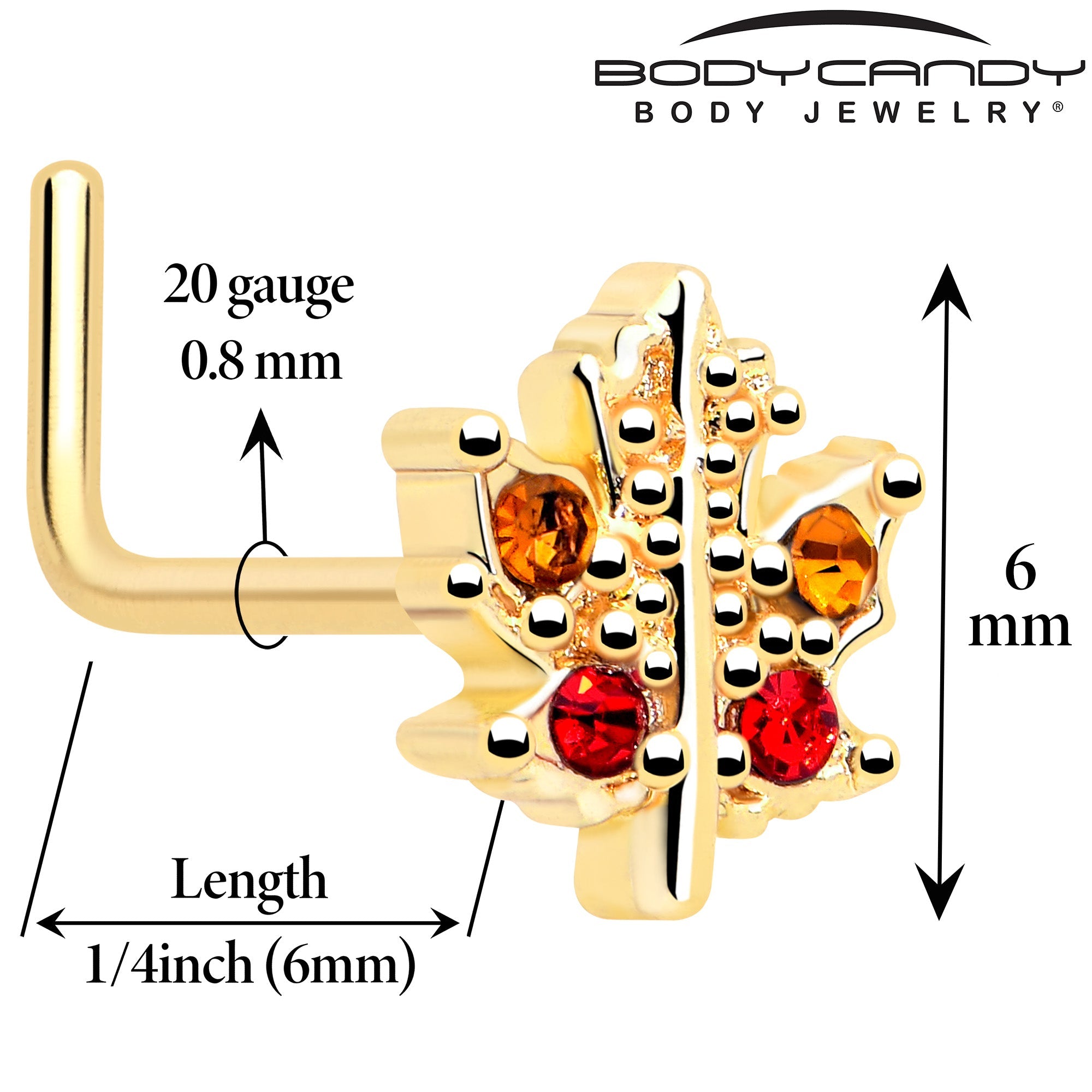 BodyCandy 20G 7mm Red Yellow Gem Gold Tone Maple Leaf L Shape Nose Ring — detail close-up