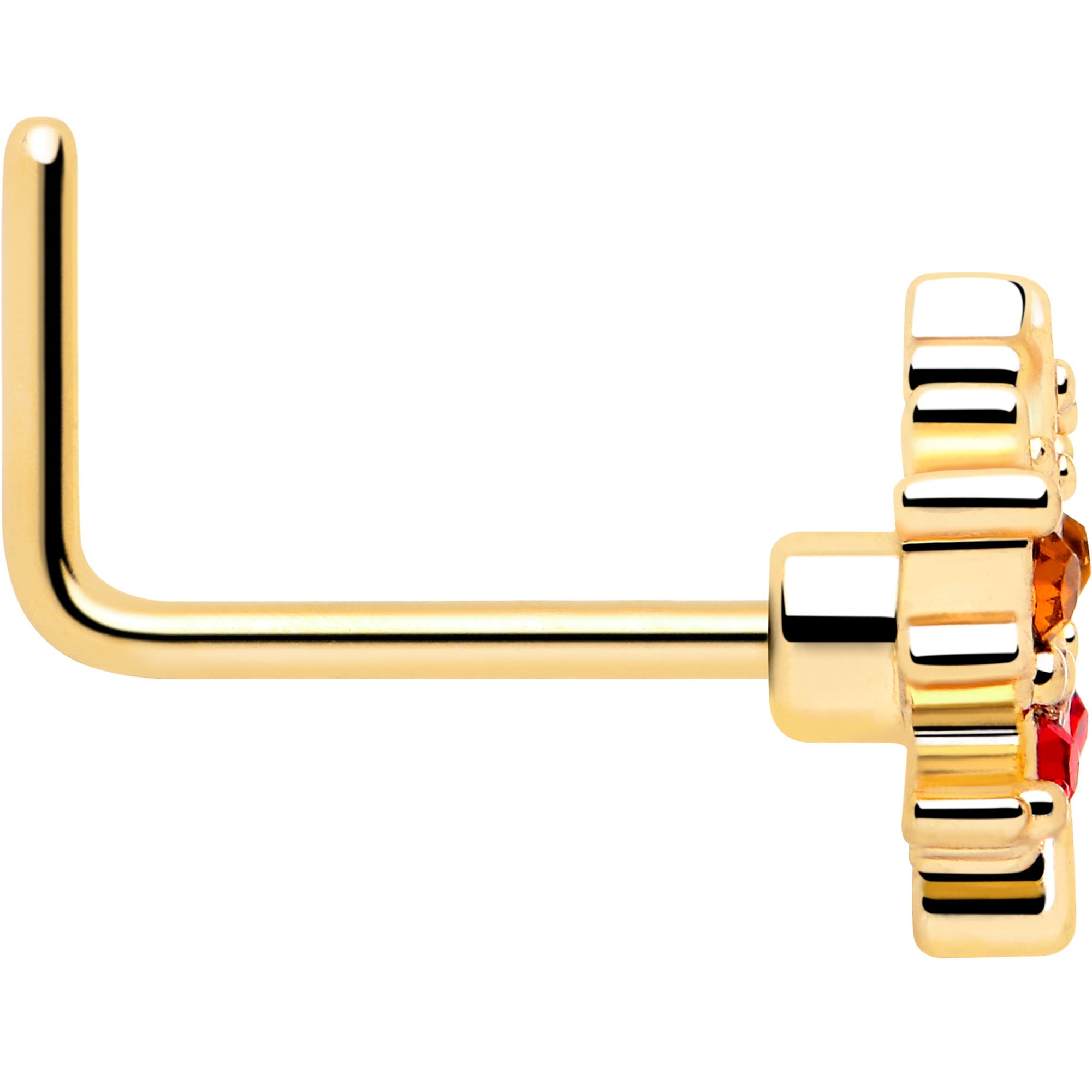 BodyCandy 20G 7mm Red Yellow Gem Gold Tone Maple Leaf L Shape Nose Ring — side view