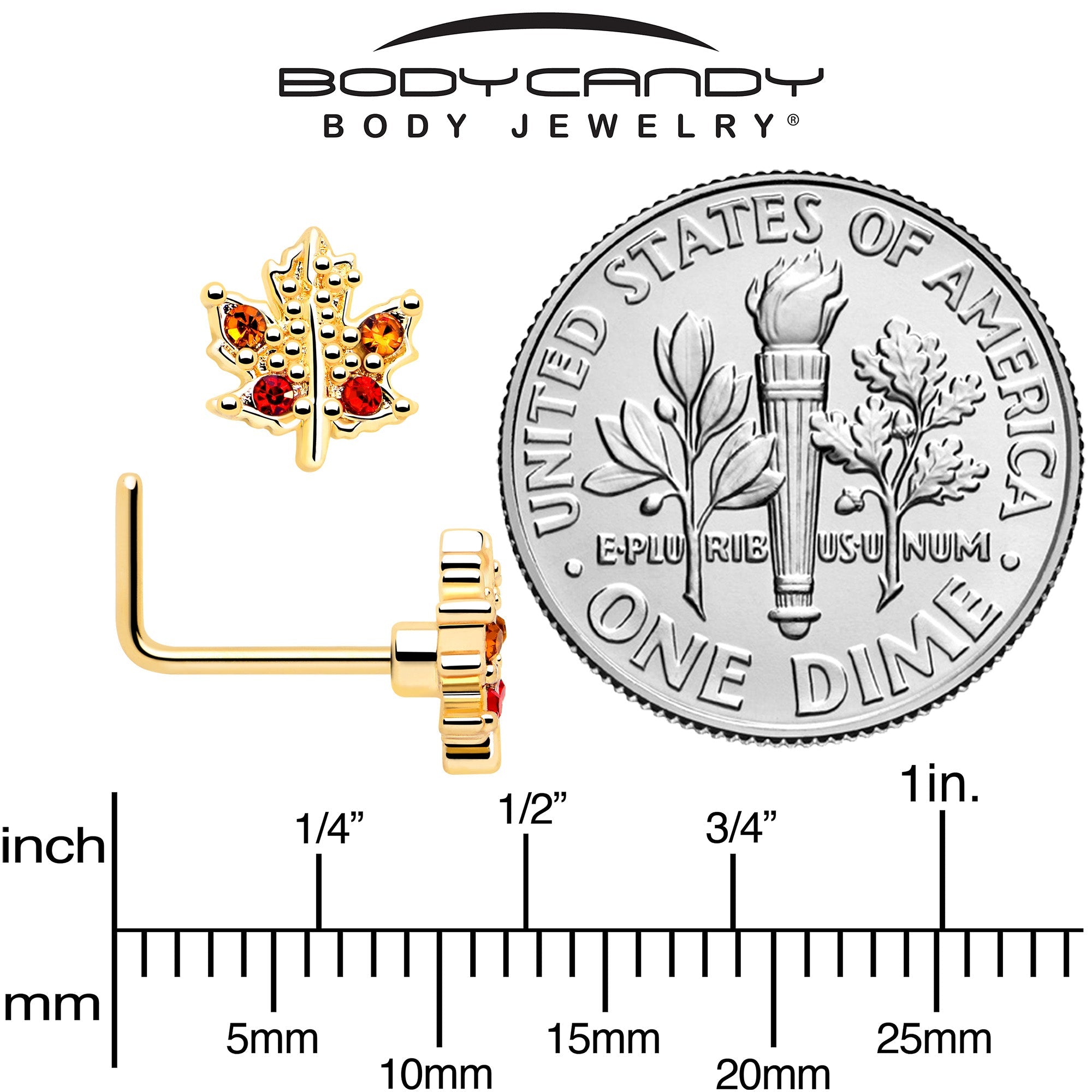 BodyCandy 20G 7mm Red Yellow Gem Gold Tone Maple Leaf L Shape Nose Ring — back view