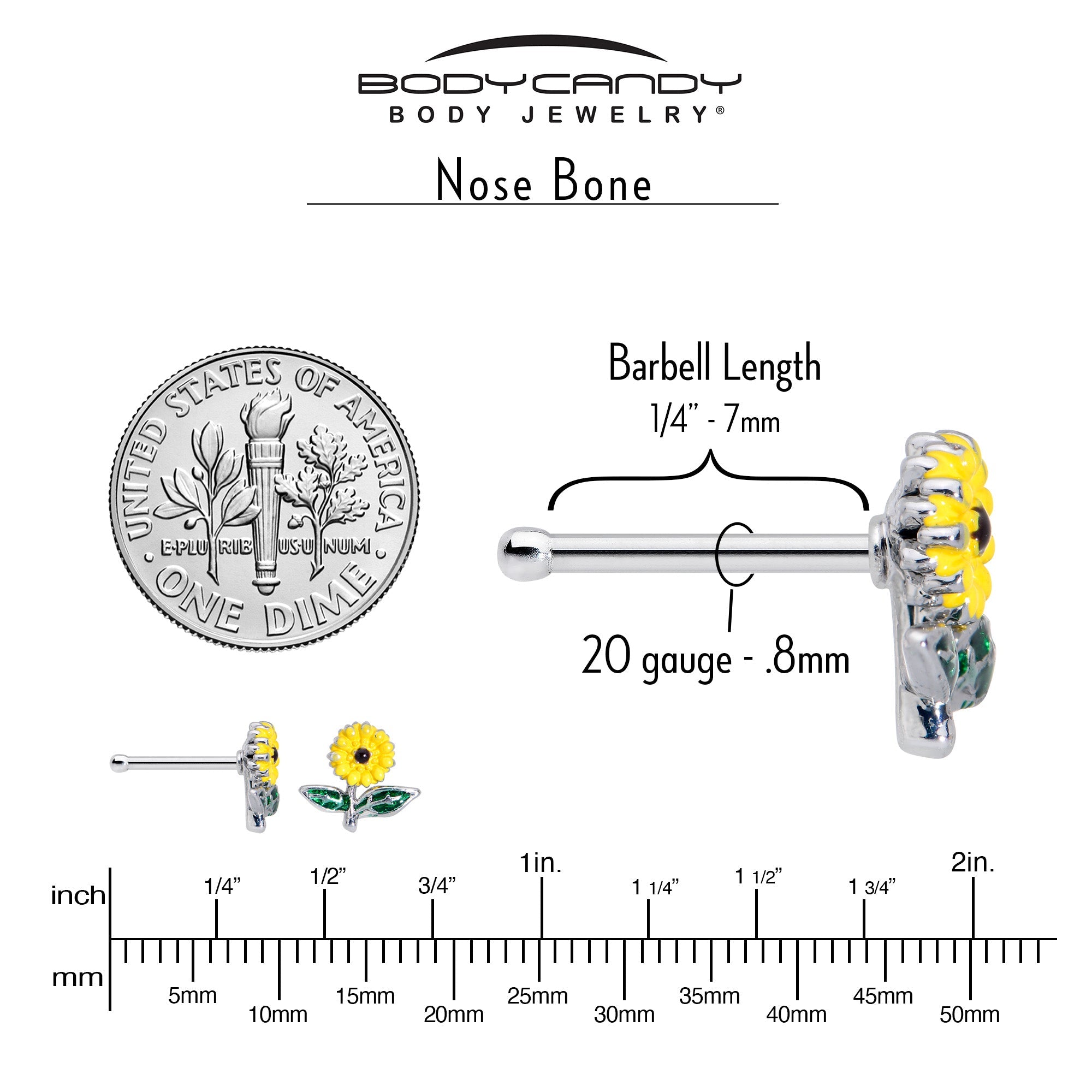BodyCandy 20G 1/4 Cheery Inlay Sunflower Nose Bone — back view