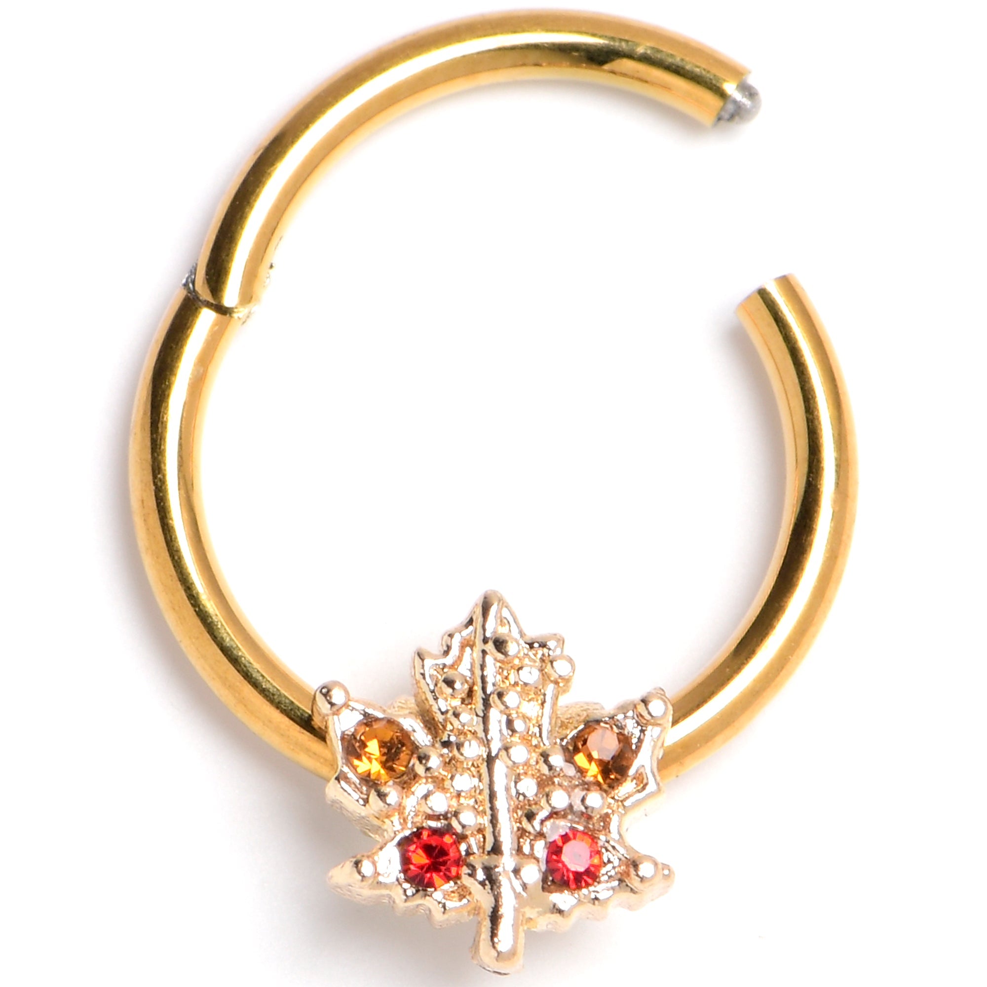 BodyCandy 16G 3/8 Red Yellow Gem Gold Tone Maple Leaf Hinged Segment Ring — main product shot