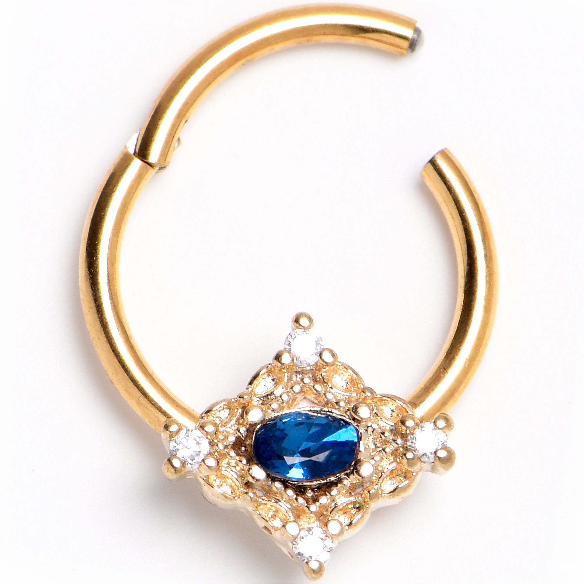 BodyCandy 16G 3/8 Blue Gem Gold Tone Rich Rhombus Hinged Segment Ring — main product shot