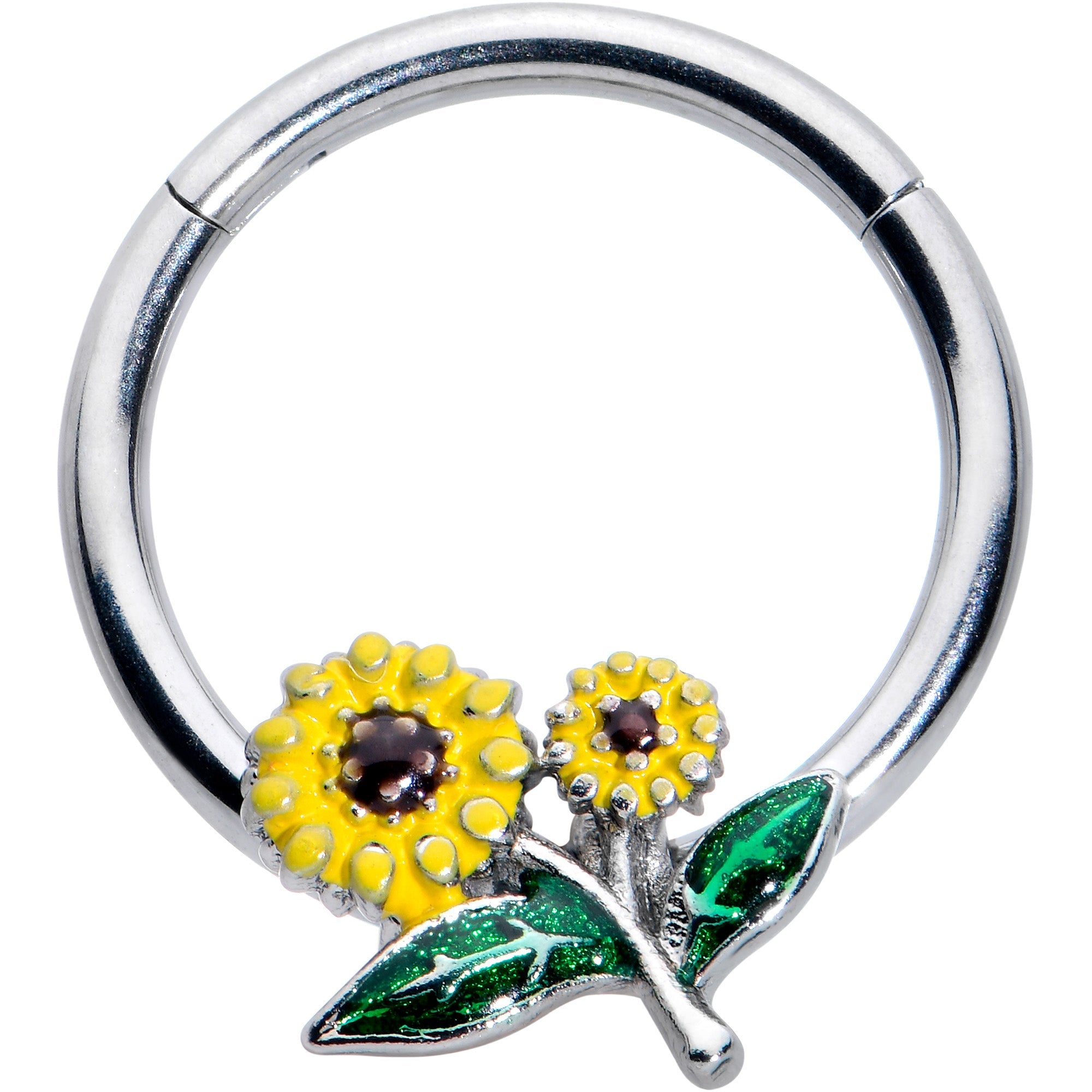 BodyCandy 16G 3/8 Cheery Inlay Sunflowers Hinged Segment Ring — main product shot
