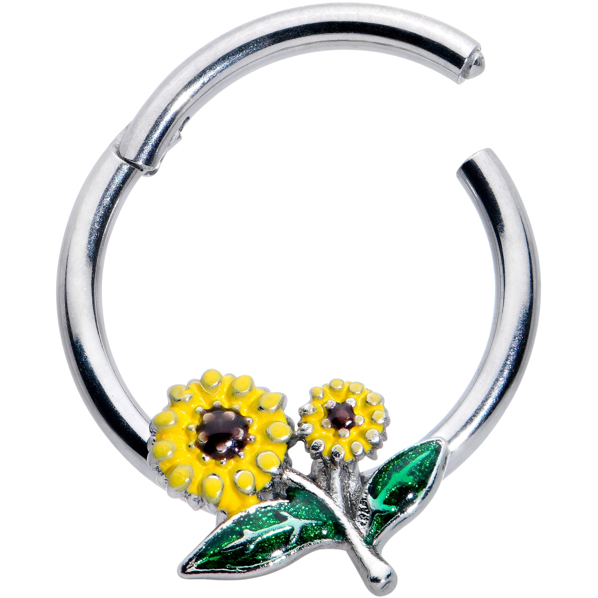 BodyCandy 16G 3/8 Cheery Inlay Sunflowers Hinged Segment Ring — detail close-up