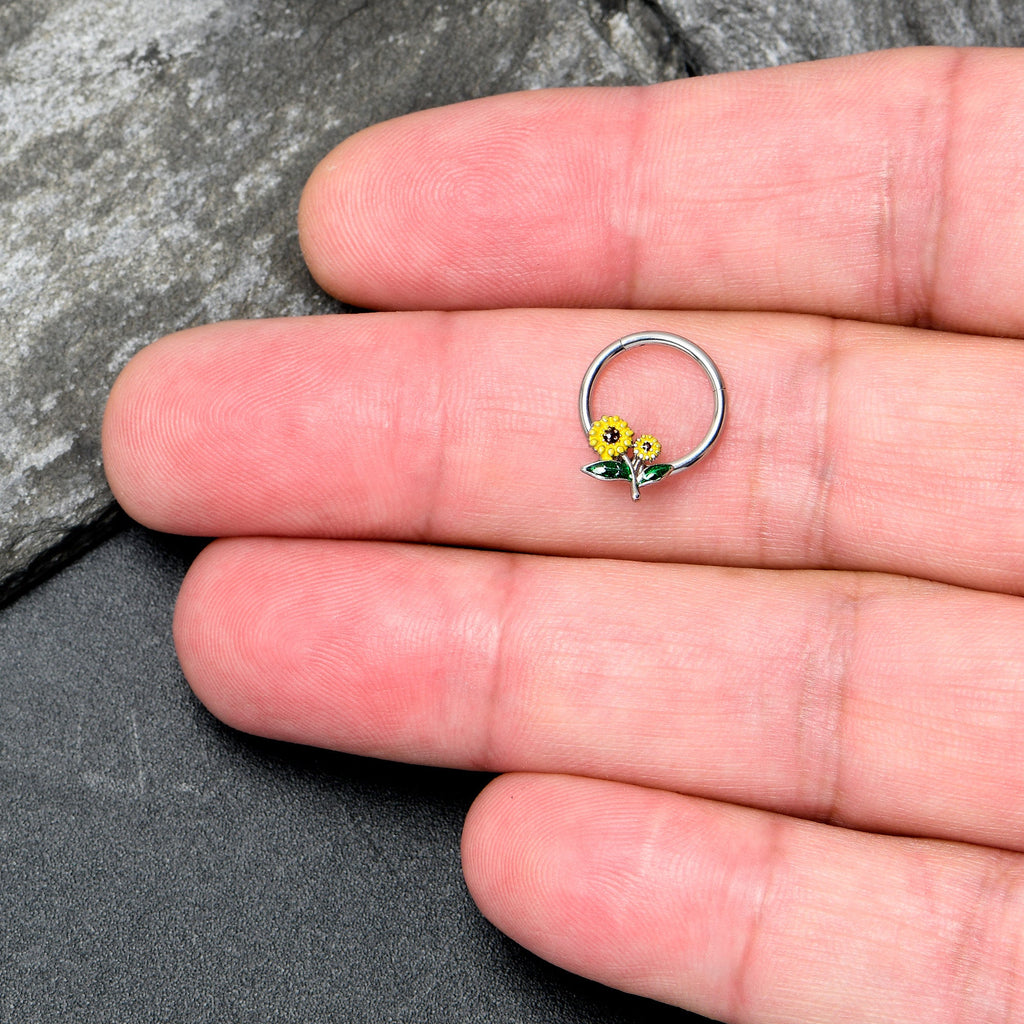BodyCandy 16G 3/8 Cheery Inlay Sunflowers Hinged Segment Ring — lifestyle context