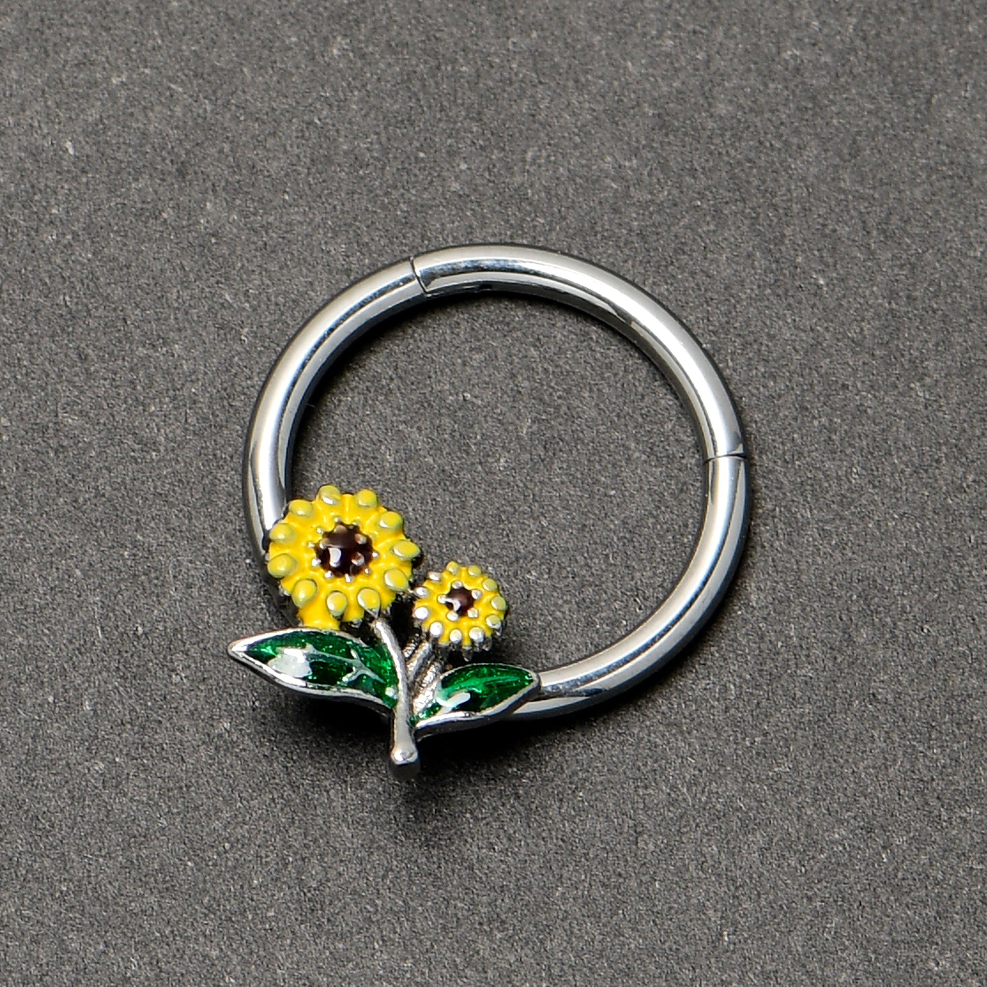 BodyCandy 16G 3/8 Cheery Inlay Sunflowers Hinged Segment Ring — back view