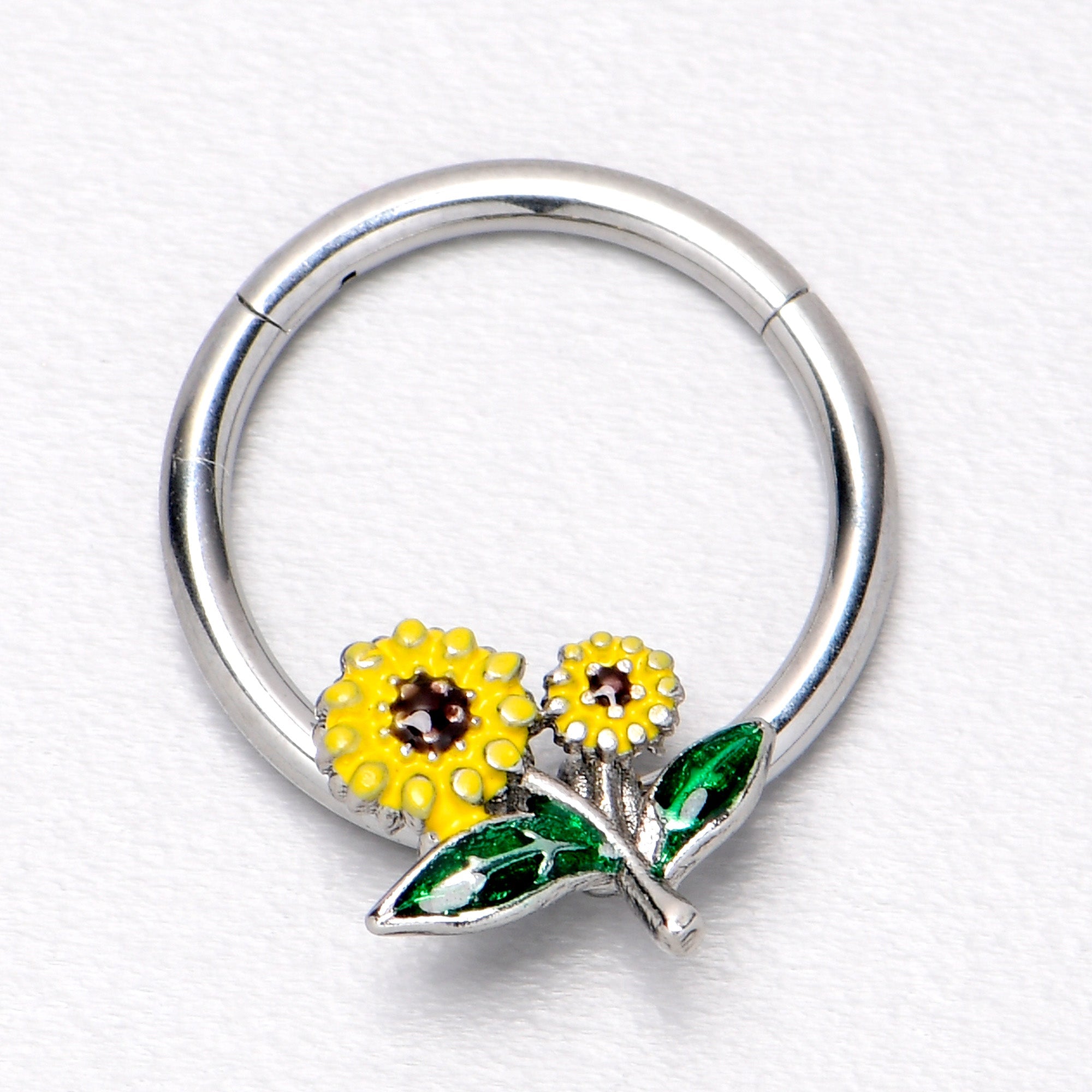 BodyCandy 16G 3/8 Cheery Inlay Sunflowers Hinged Segment Ring — alternative angle