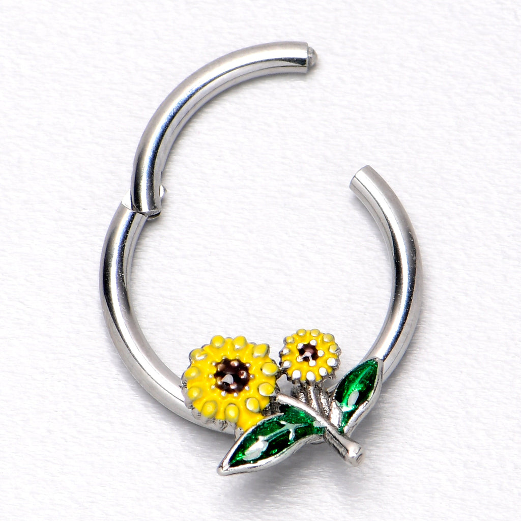 BodyCandy 16G 3/8 Cheery Inlay Sunflowers Hinged Segment Ring — in-use photo