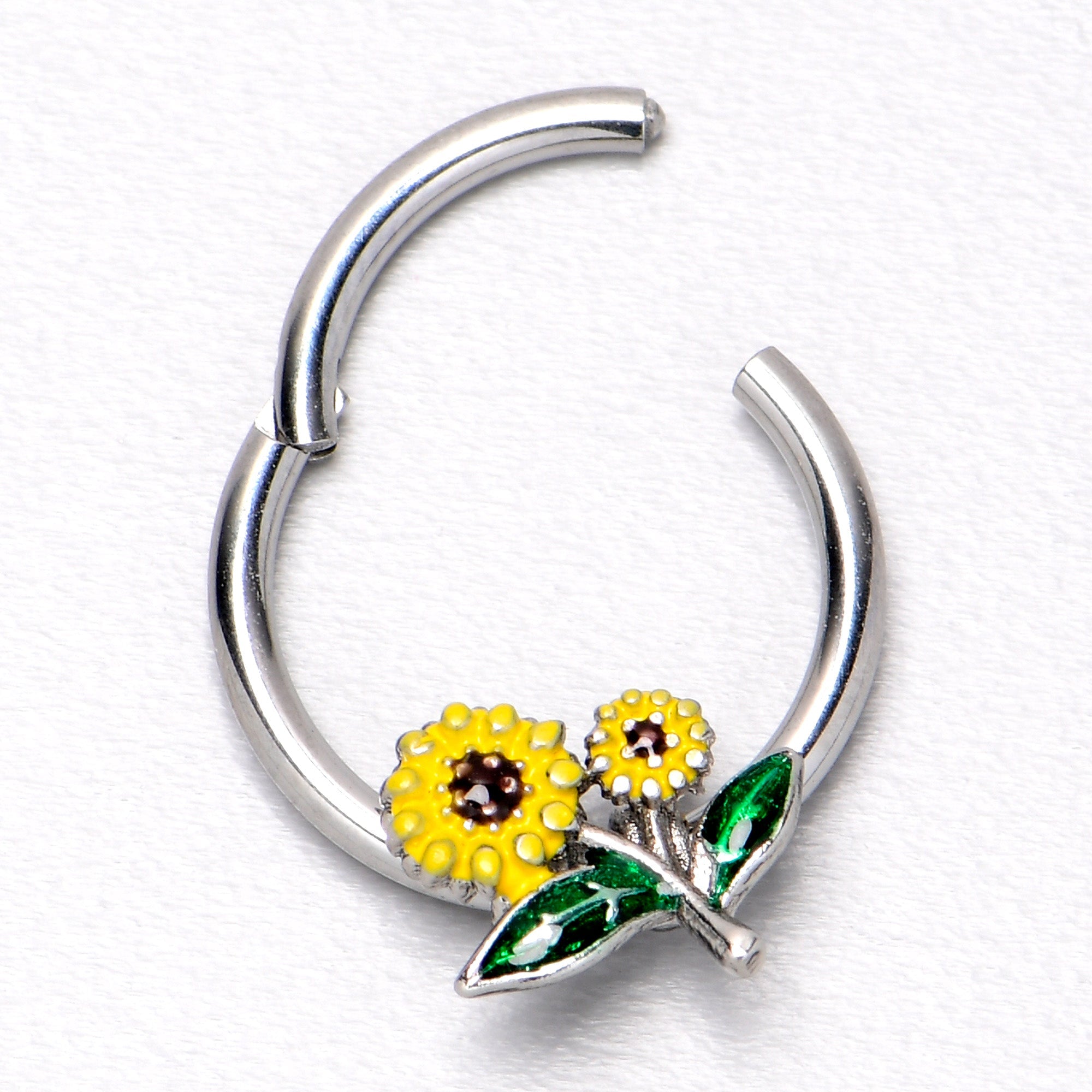 BodyCandy 16G 3/8 Cheery Inlay Sunflowers Hinged Segment Ring — in-use photo