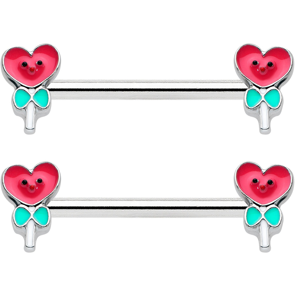 BodyCandy 14G 9/16 Sweet Happy Heart Lollipop Barbell Nipple Ring Set — detail close-up