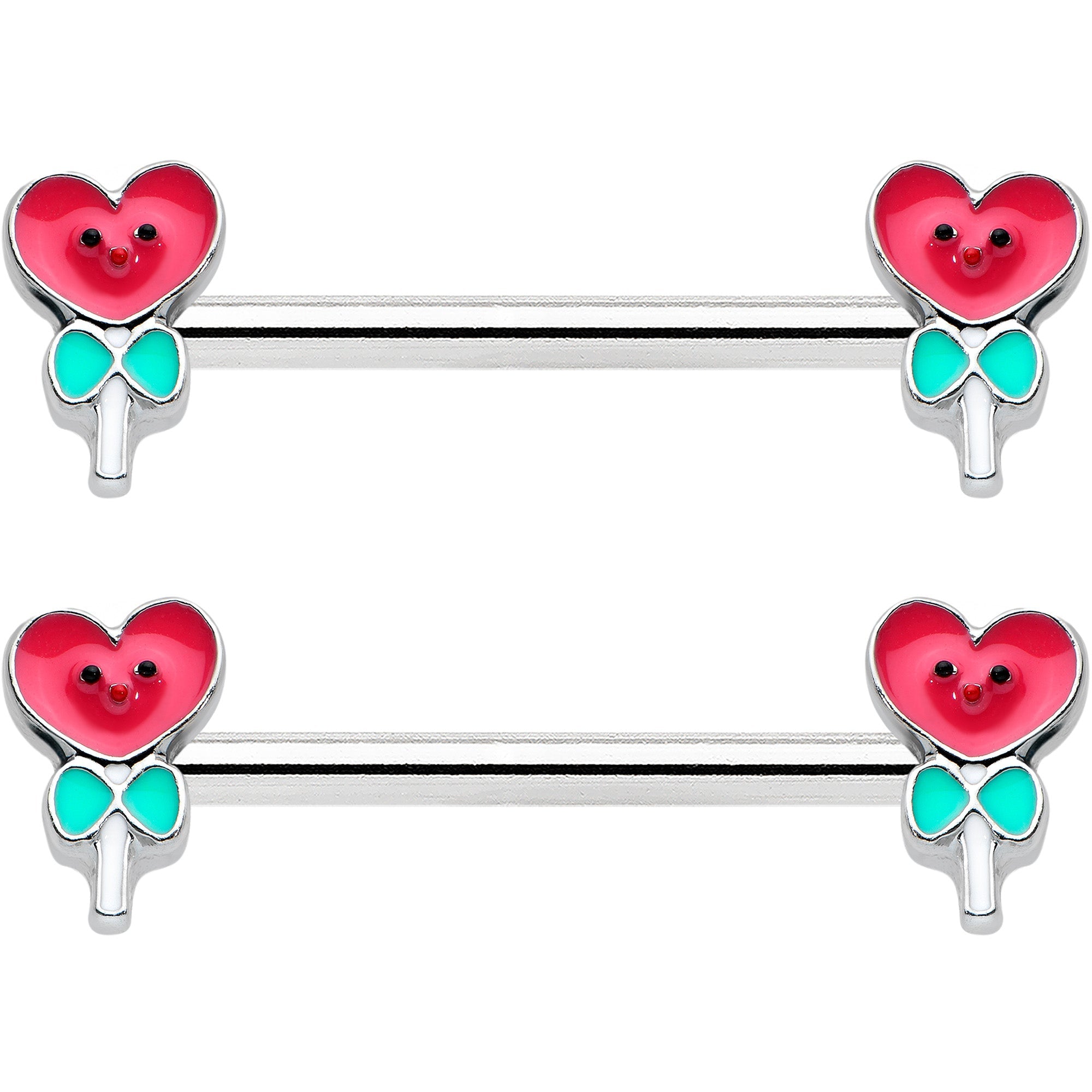 BodyCandy 14G 9/16 Sweet Happy Heart Lollipop Barbell Nipple Ring Set — detail close-up