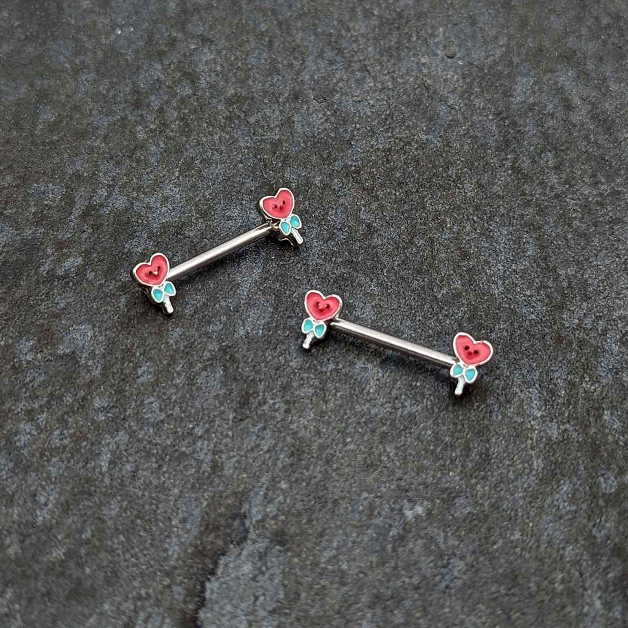 BodyCandy 14G 9/16 Sweet Happy Heart Lollipop Barbell Nipple Ring Set — side view