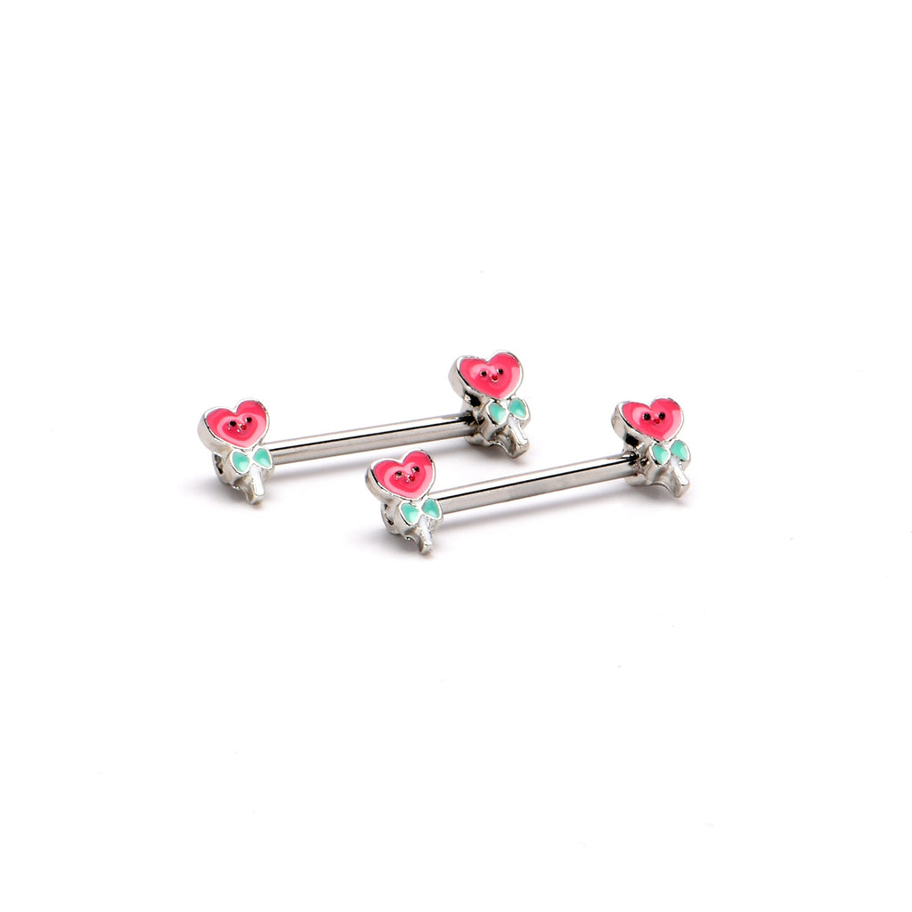 BodyCandy 14G 9/16 Sweet Happy Heart Lollipop Barbell Nipple Ring Set — back view