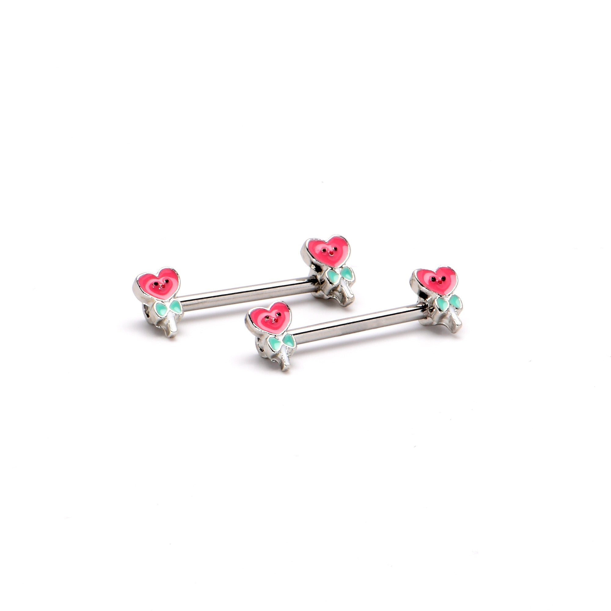 BodyCandy 14G 9/16 Sweet Happy Heart Lollipop Barbell Nipple Ring Set — back view