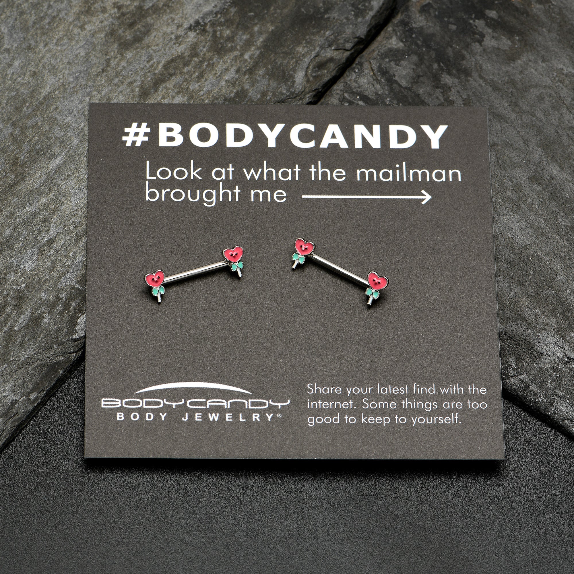 BodyCandy 14G 9/16 Sweet Happy Heart Lollipop Barbell Nipple Ring Set — size reference