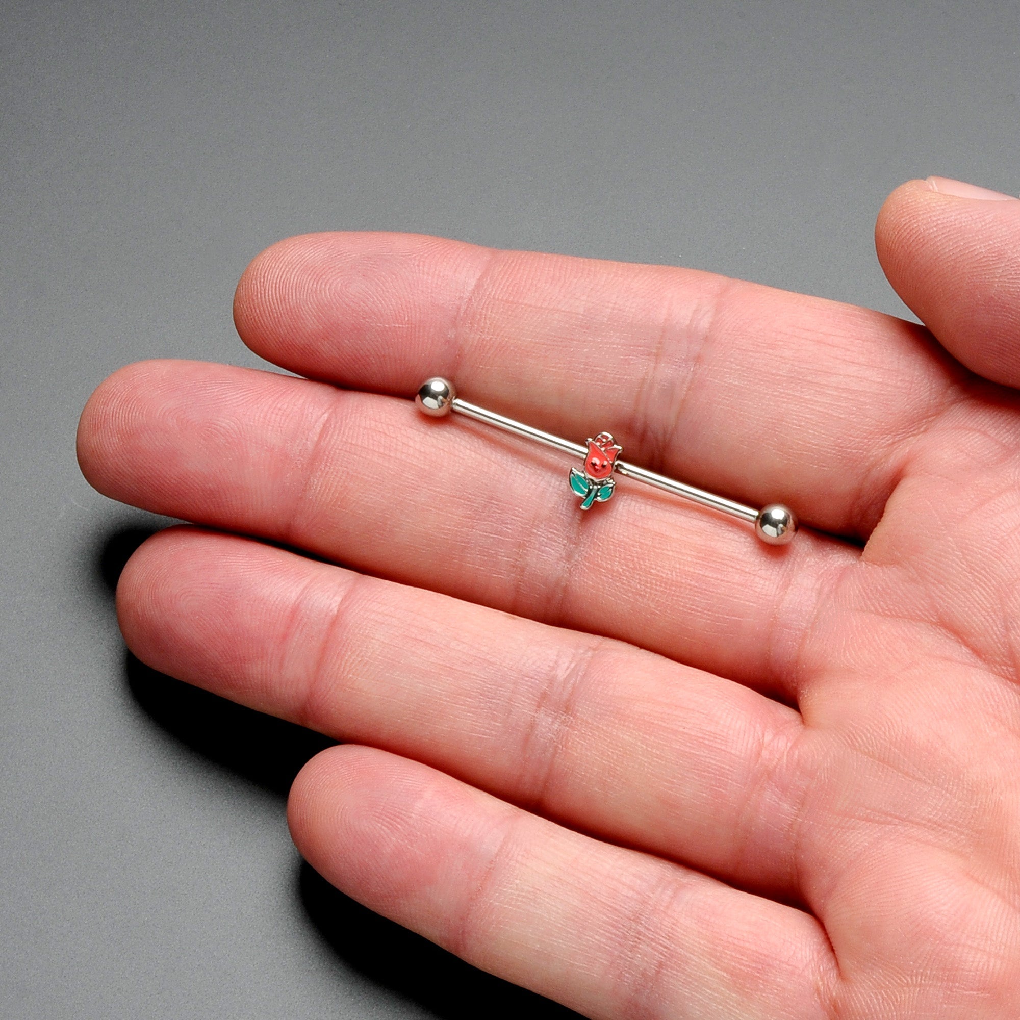 BodyCandy 14G Sweet Happy Rose Flower Industrial Barbell 38mm — in-use photo