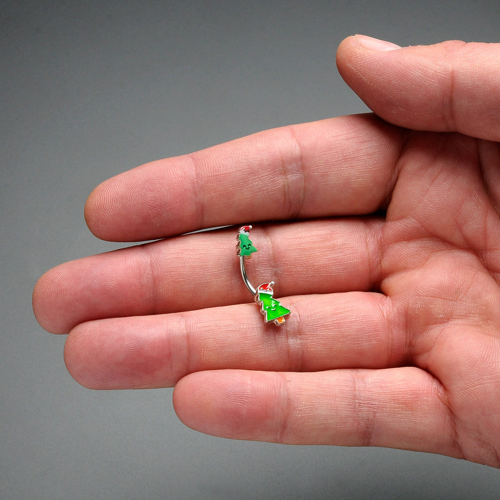 BodyCandy Merry Christmas Trees Hats Holiday Double Mount Belly Ring — detail close-up