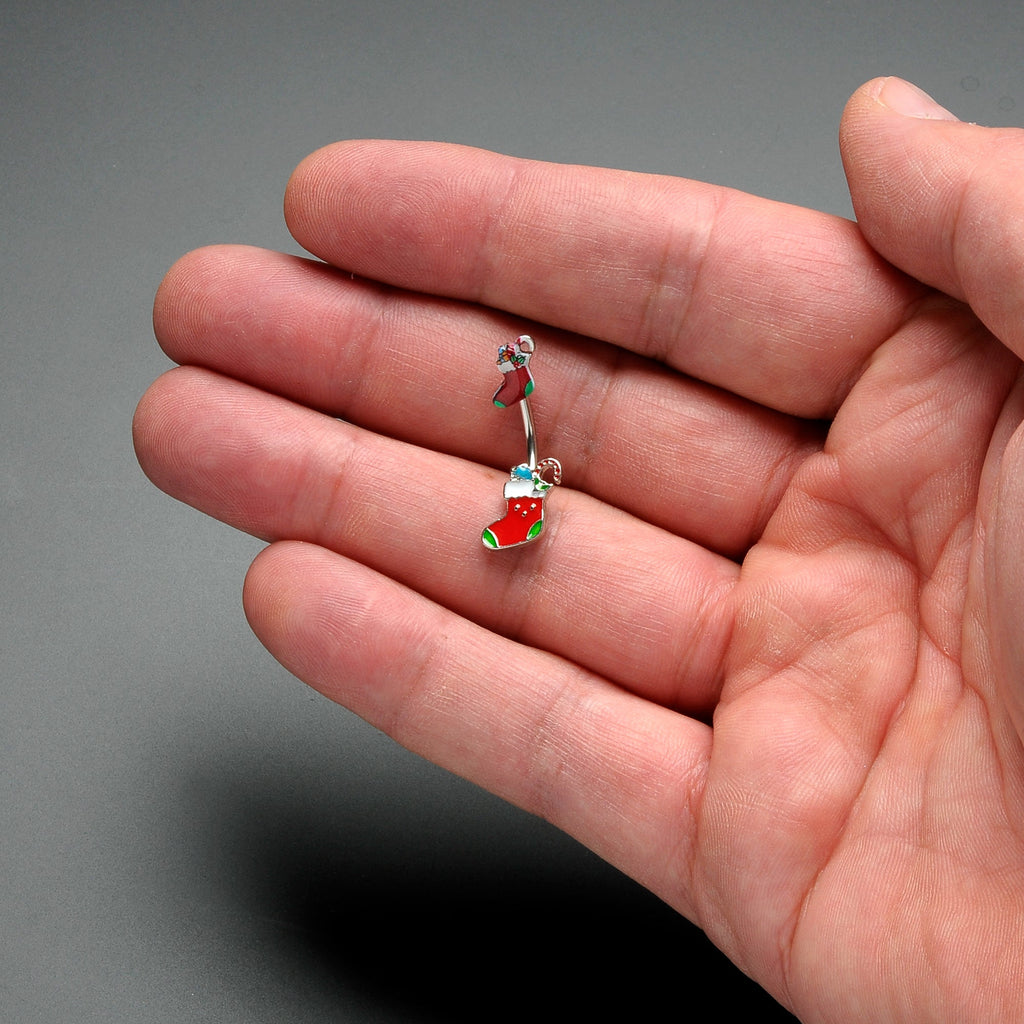BodyCandy Merry Christmas Stockings Red Green Double Mount Belly Ring — detail close-up