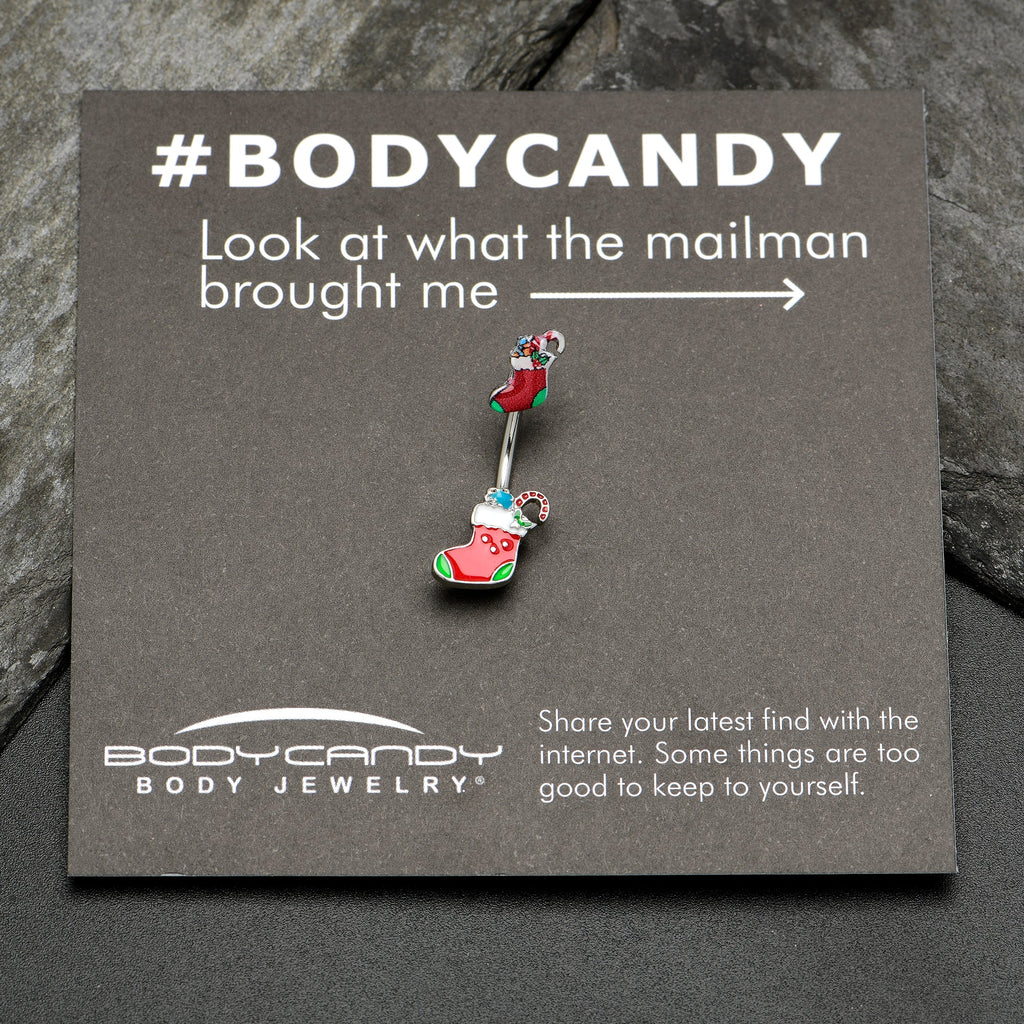 BodyCandy Merry Christmas Stockings Red Green Double Mount Belly Ring — side view