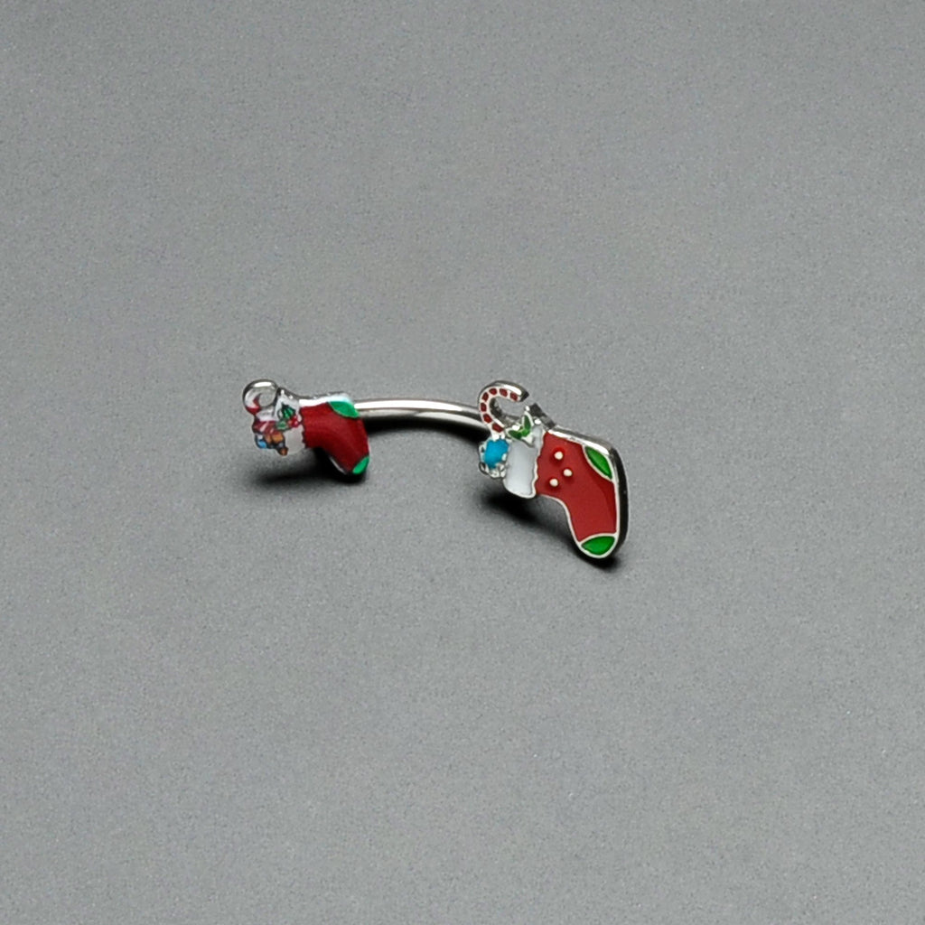 BodyCandy Merry Christmas Stockings Red Green Double Mount Belly Ring — back view