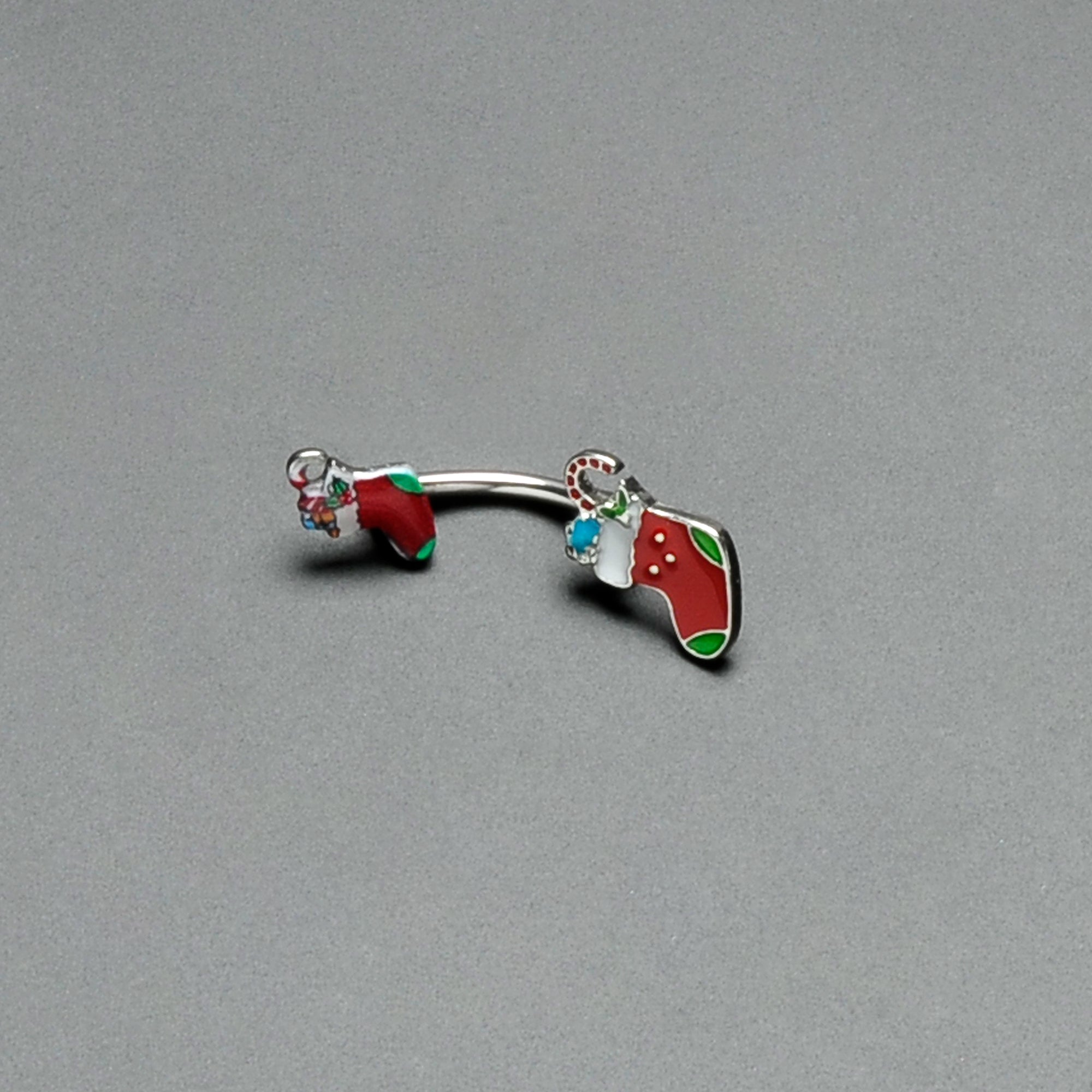 BodyCandy Merry Christmas Stockings Red Green Double Mount Belly Ring — back view