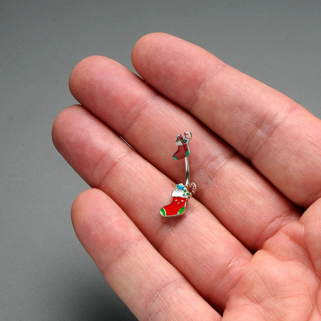 BodyCandy Merry Christmas Stockings Red Green Double Mount Belly Ring — alternative angle