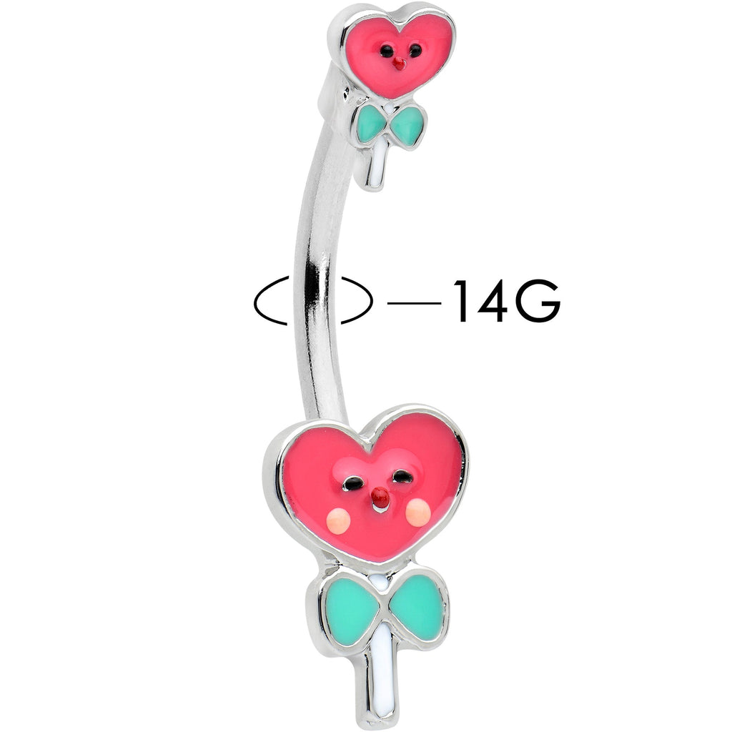 BodyCandy Sweet Happy Heart Lollipop Valentine Double Mount Belly Ring — detail close-up