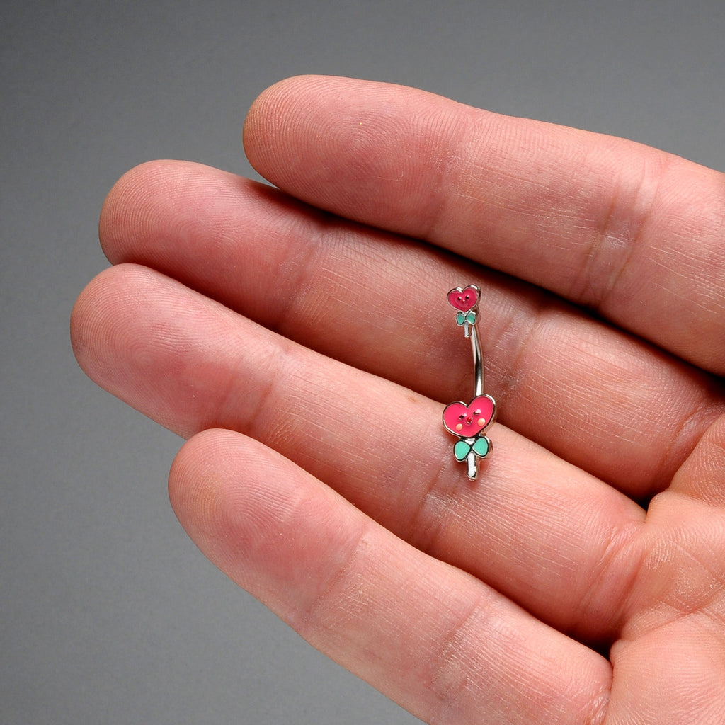 BodyCandy Sweet Happy Heart Lollipop Valentine Double Mount Belly Ring — in-use photo