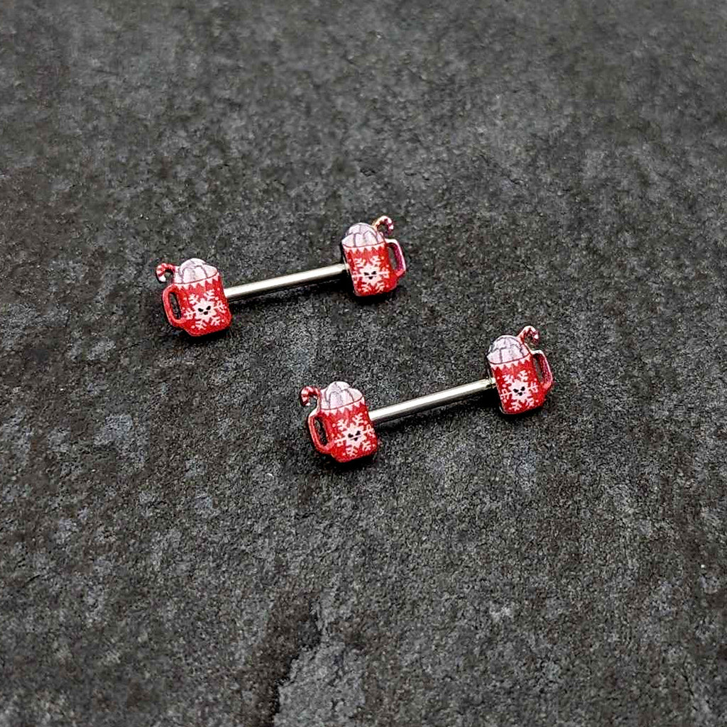 BodyCandy 14G 9/16 Sweet Hot Cocoa Holiday Barbell Holiday Nipple Ring Set — side view