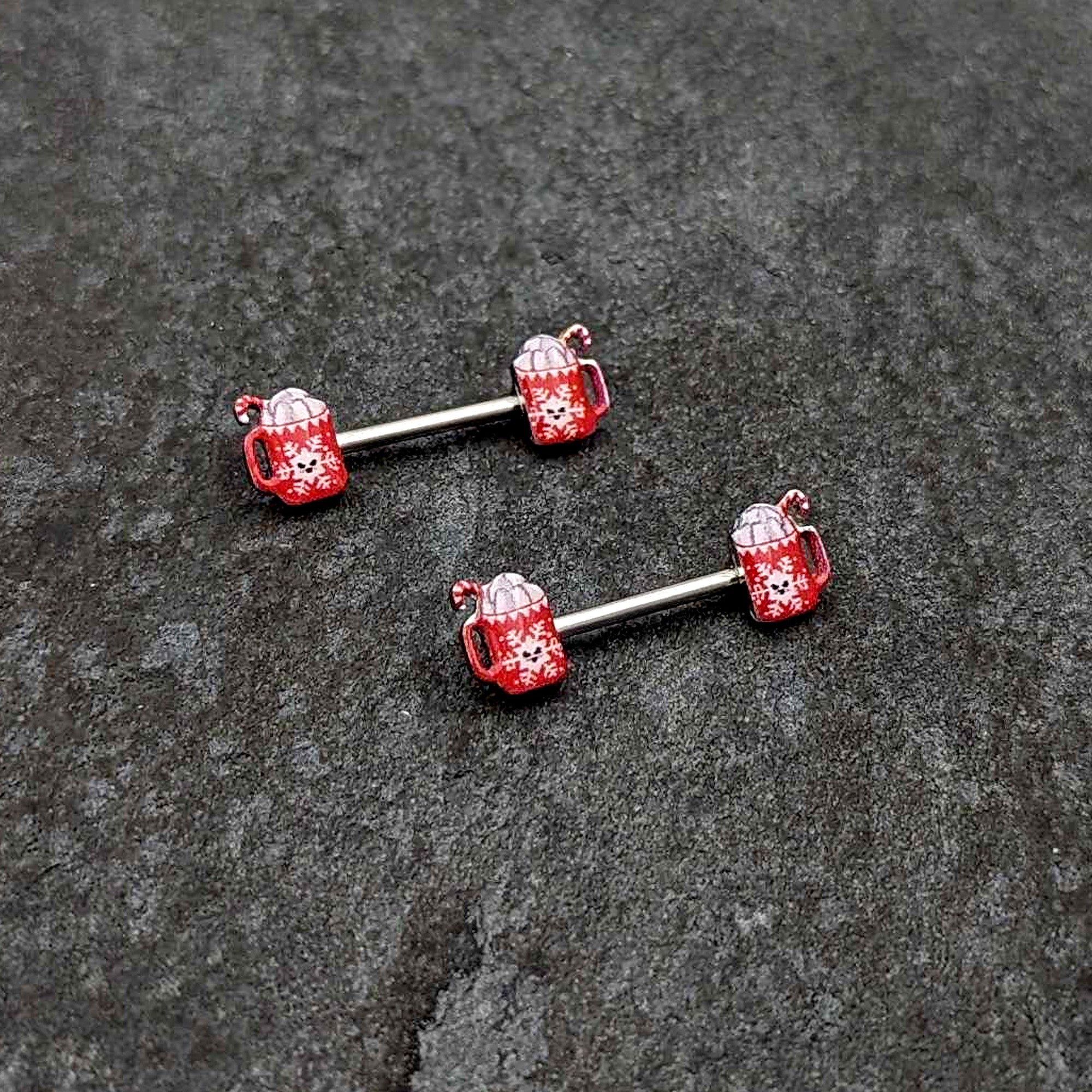 BodyCandy 14G 9/16 Sweet Hot Cocoa Holiday Barbell Holiday Nipple Ring Set — side view