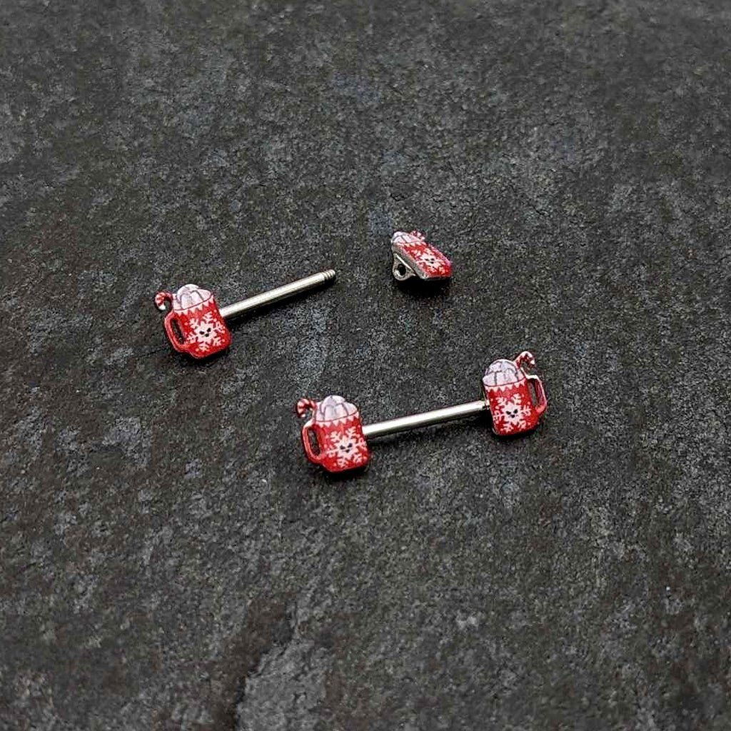 BodyCandy 14G 9/16 Sweet Hot Cocoa Holiday Barbell Holiday Nipple Ring Set — back view