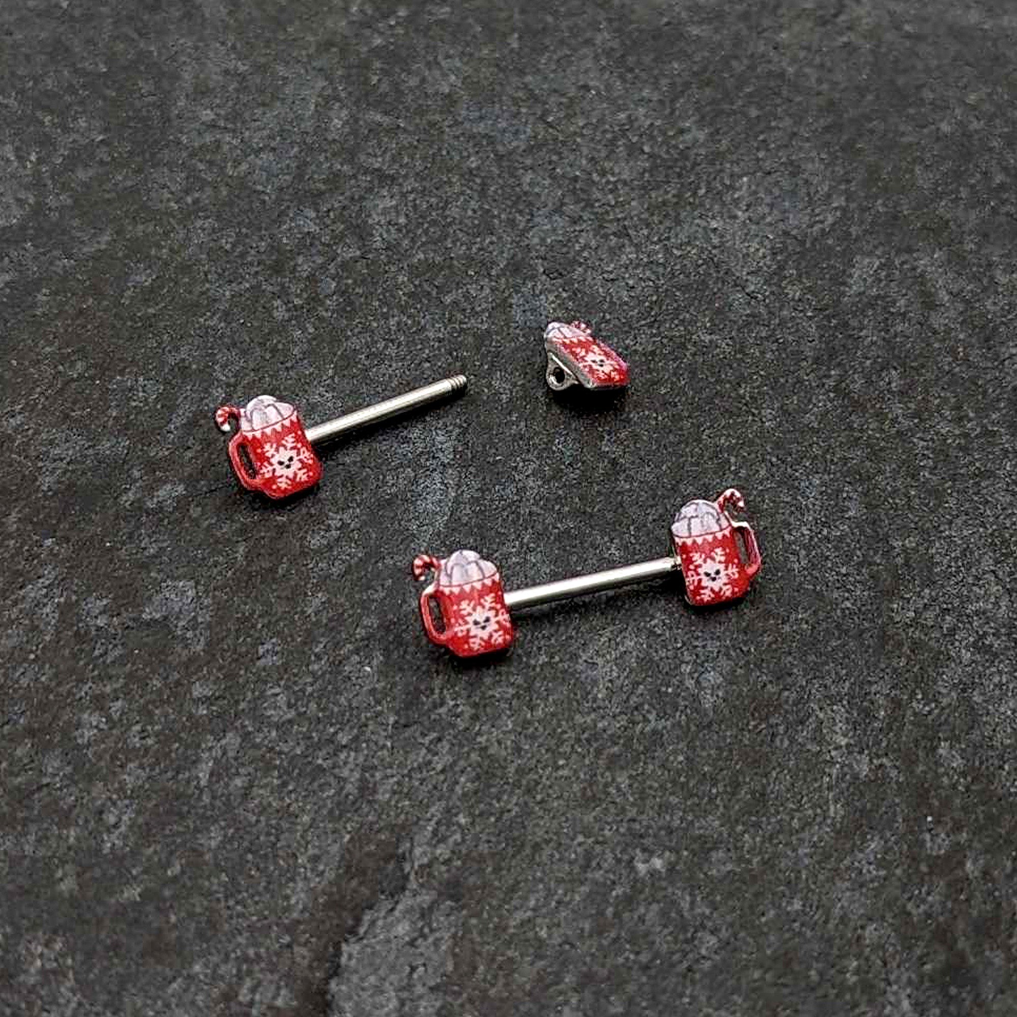 BodyCandy 14G 9/16 Sweet Hot Cocoa Holiday Barbell Holiday Nipple Ring Set — back view