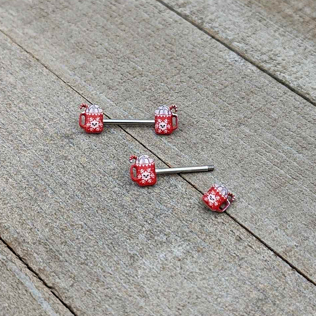 BodyCandy 14G 9/16 Sweet Hot Cocoa Holiday Barbell Holiday Nipple Ring Set — in-use photo