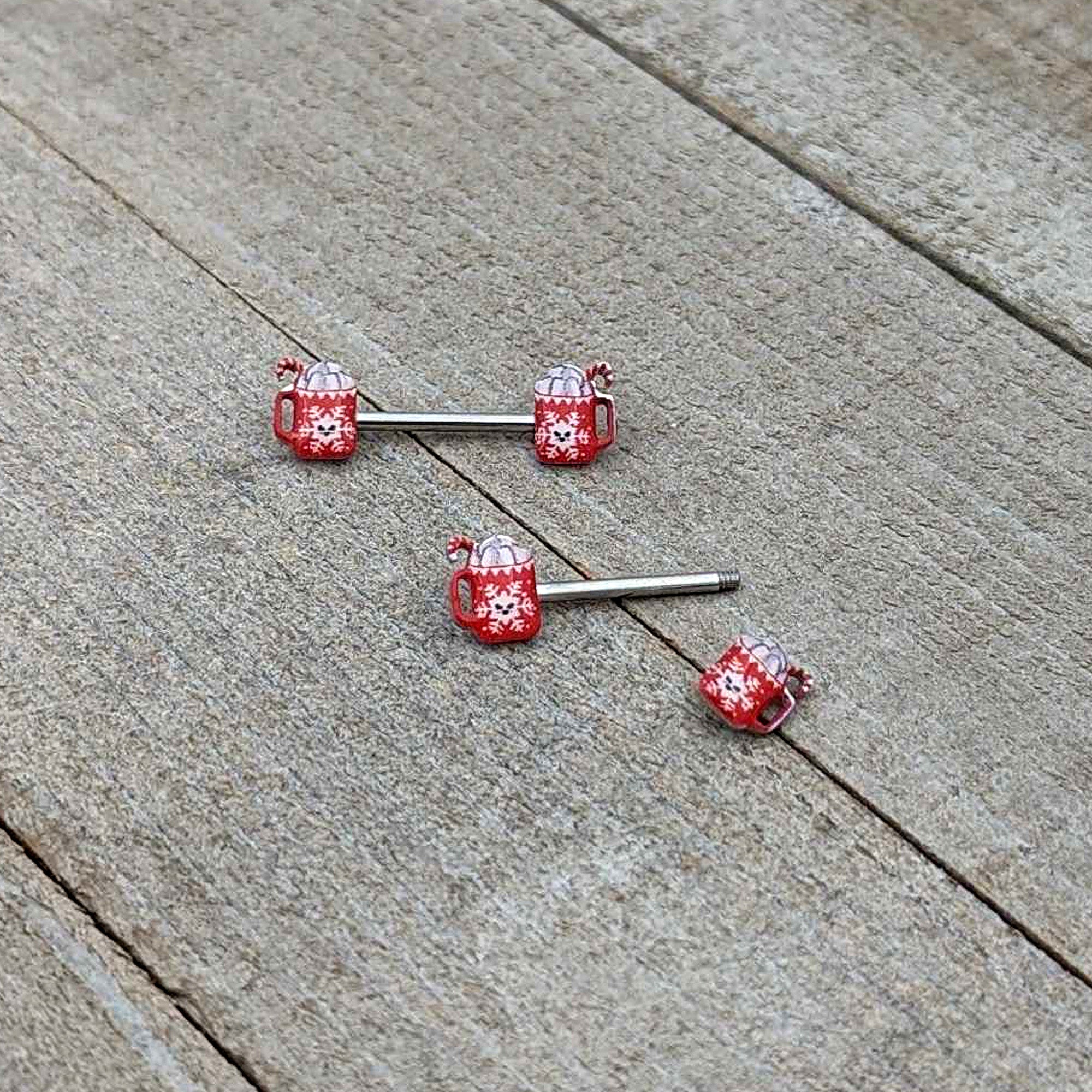 BodyCandy 14G 9/16 Sweet Hot Cocoa Holiday Barbell Holiday Nipple Ring Set — in-use photo
