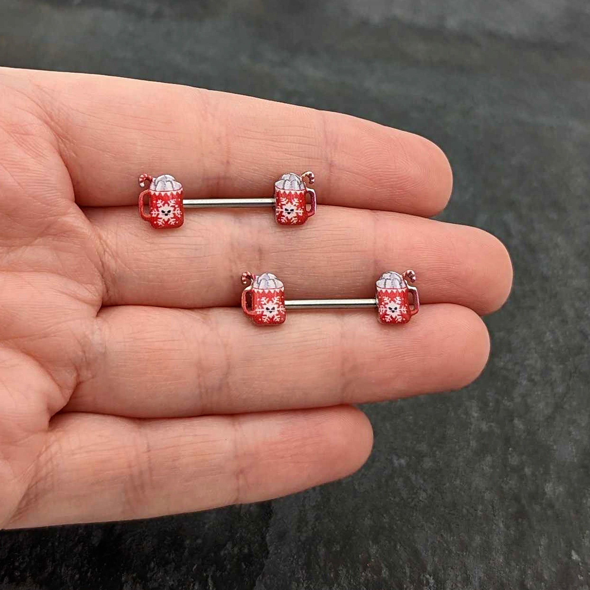 BodyCandy 14G 9/16 Sweet Hot Cocoa Holiday Barbell Holiday Nipple Ring Set — size reference