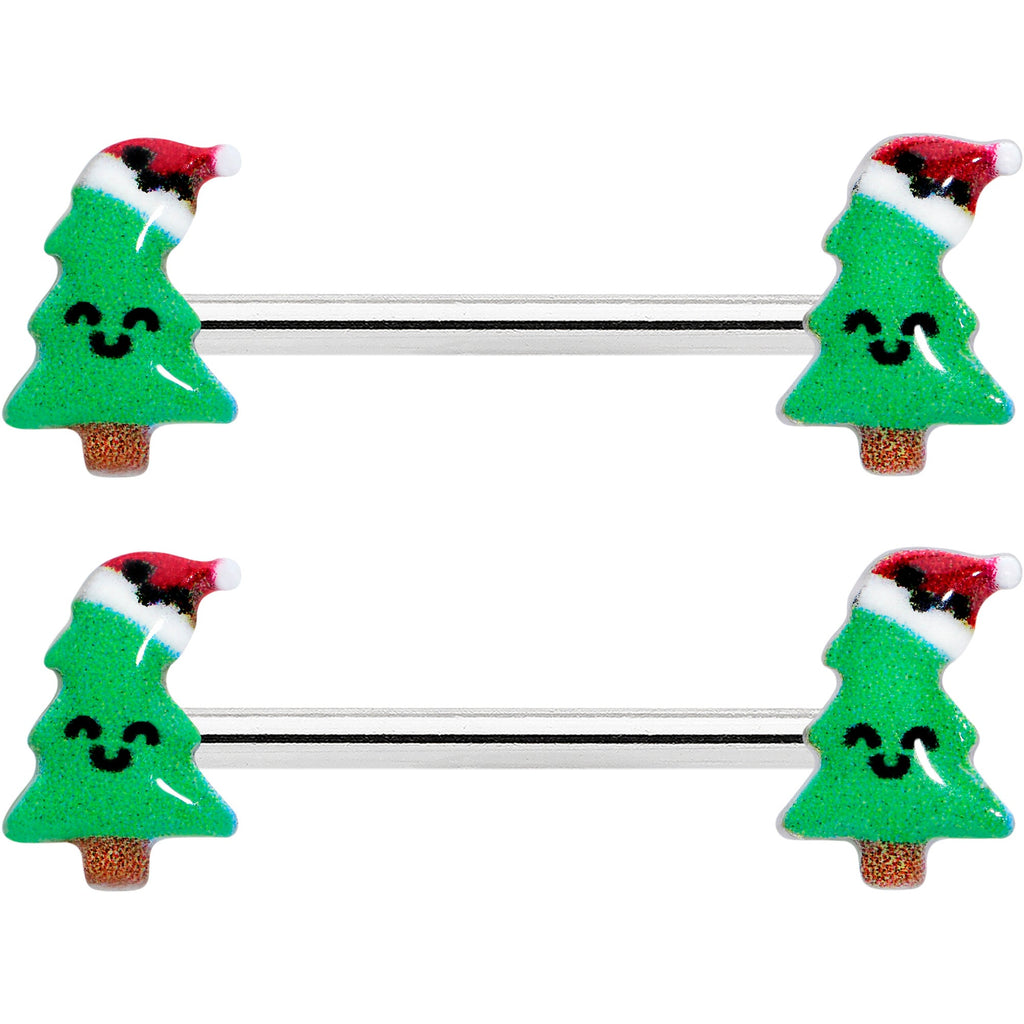 BodyCandy 14G 9/16 Happy Christmas Tree Hat Barbell Nipple Ring Set — detail close-up