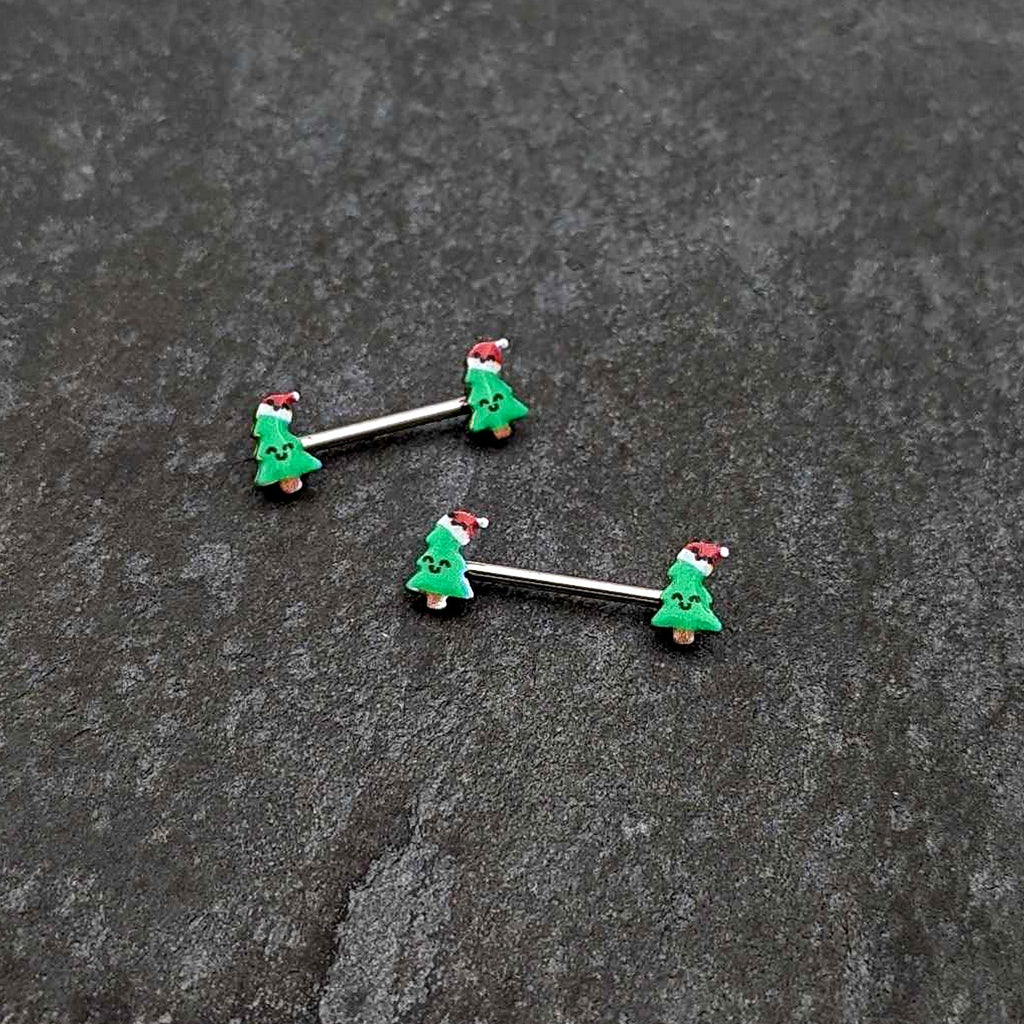 BodyCandy 14G 9/16 Happy Christmas Tree Hat Barbell Nipple Ring Set — side view