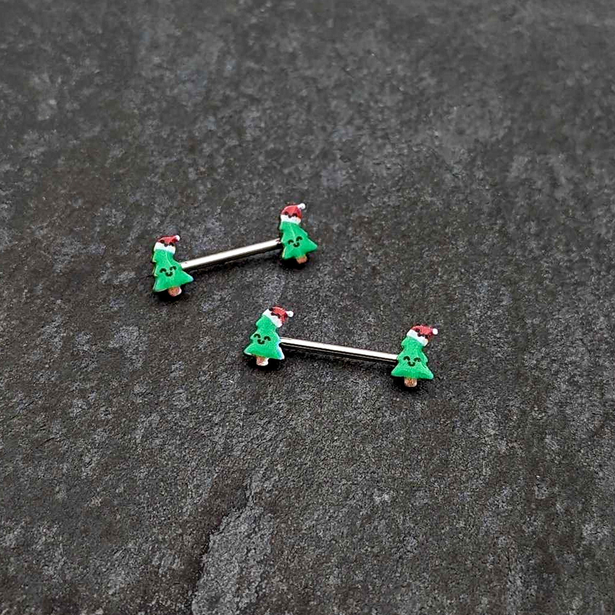 BodyCandy 14G 9/16 Happy Christmas Tree Hat Barbell Nipple Ring Set — side view